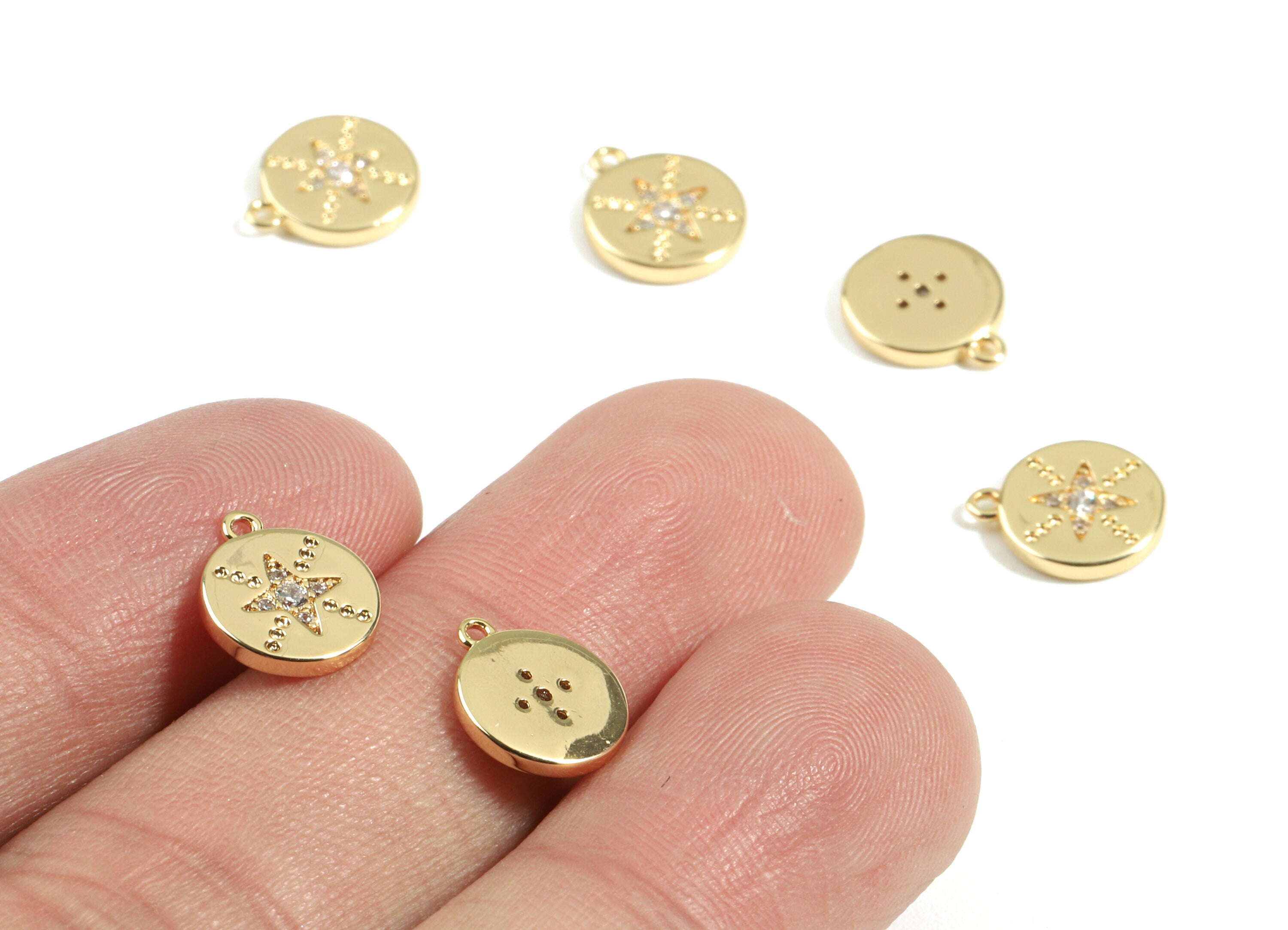 Brass Mini Round Charms With Zircon - Brass Compass Star Earring Bracelet Charms - 18K Real Gold Plated Brass - 10.26x8.86x1.47mm - RGP2409 - DOMEDBAZAAR