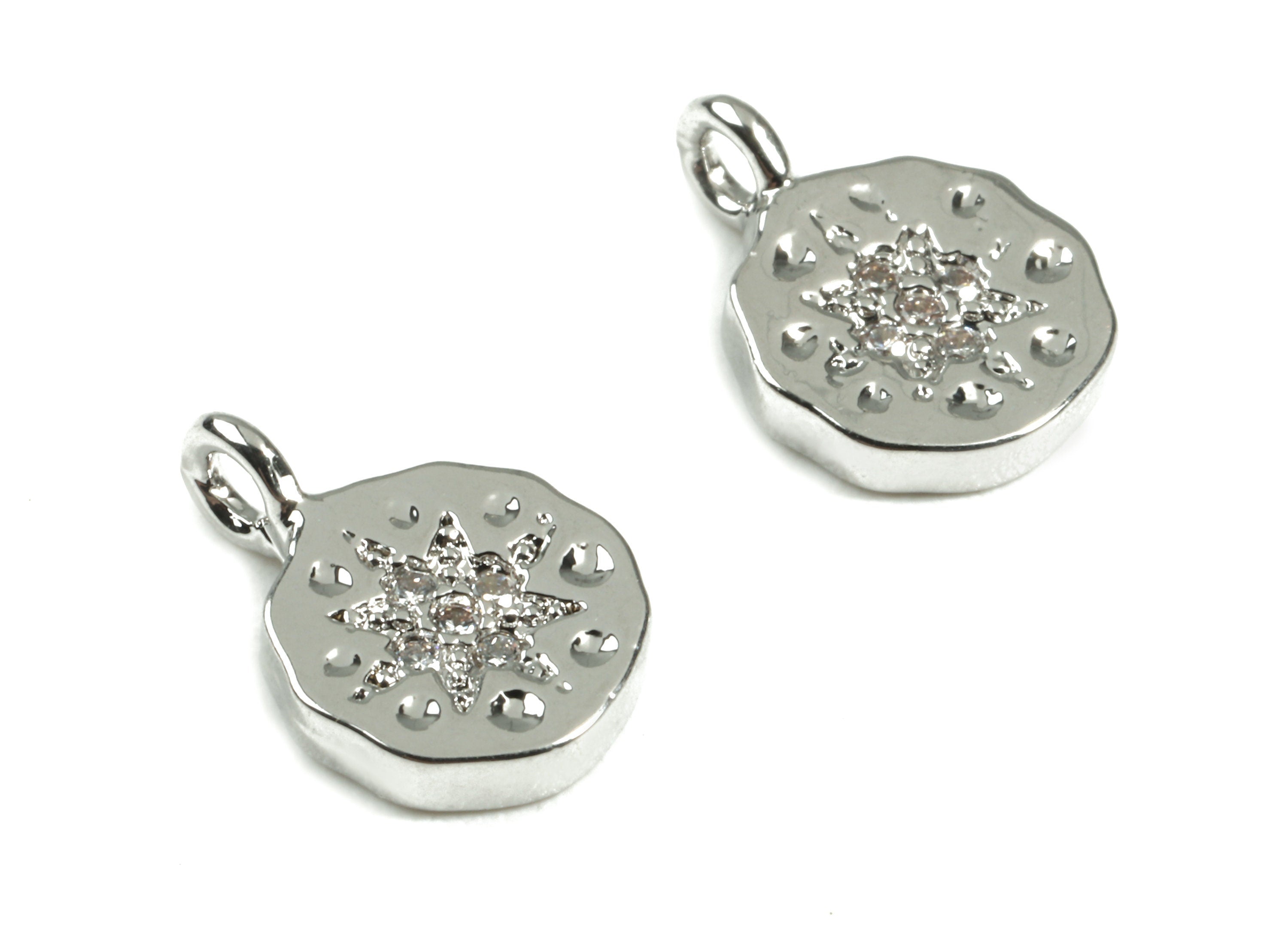 Brass Round Earring Charms With Zircons - Brass Star Earring Bracelet Charms - 18K Real Silver Plated Brass - 11.53x8.06x1.9mm - RGP2426 - DOMEDBAZAAR