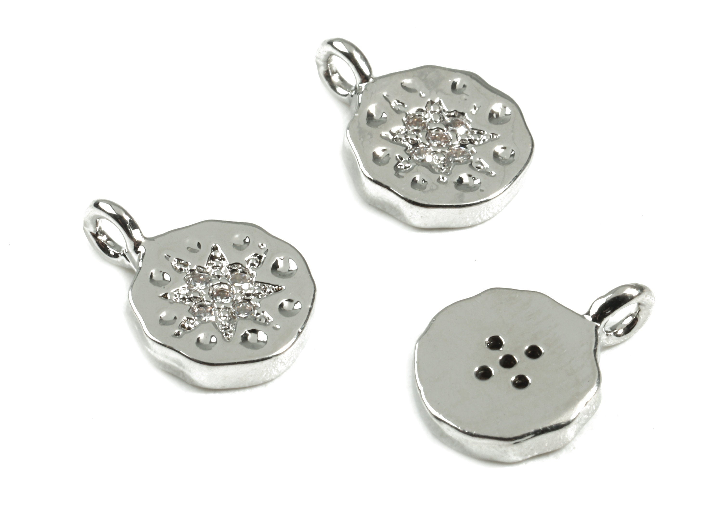 Brass Round Earring Charms With Zircons - Brass Star Earring Bracelet Charms - 18K Real Silver Plated Brass - 11.53x8.06x1.9mm - RGP2426 - DOMEDBAZAAR