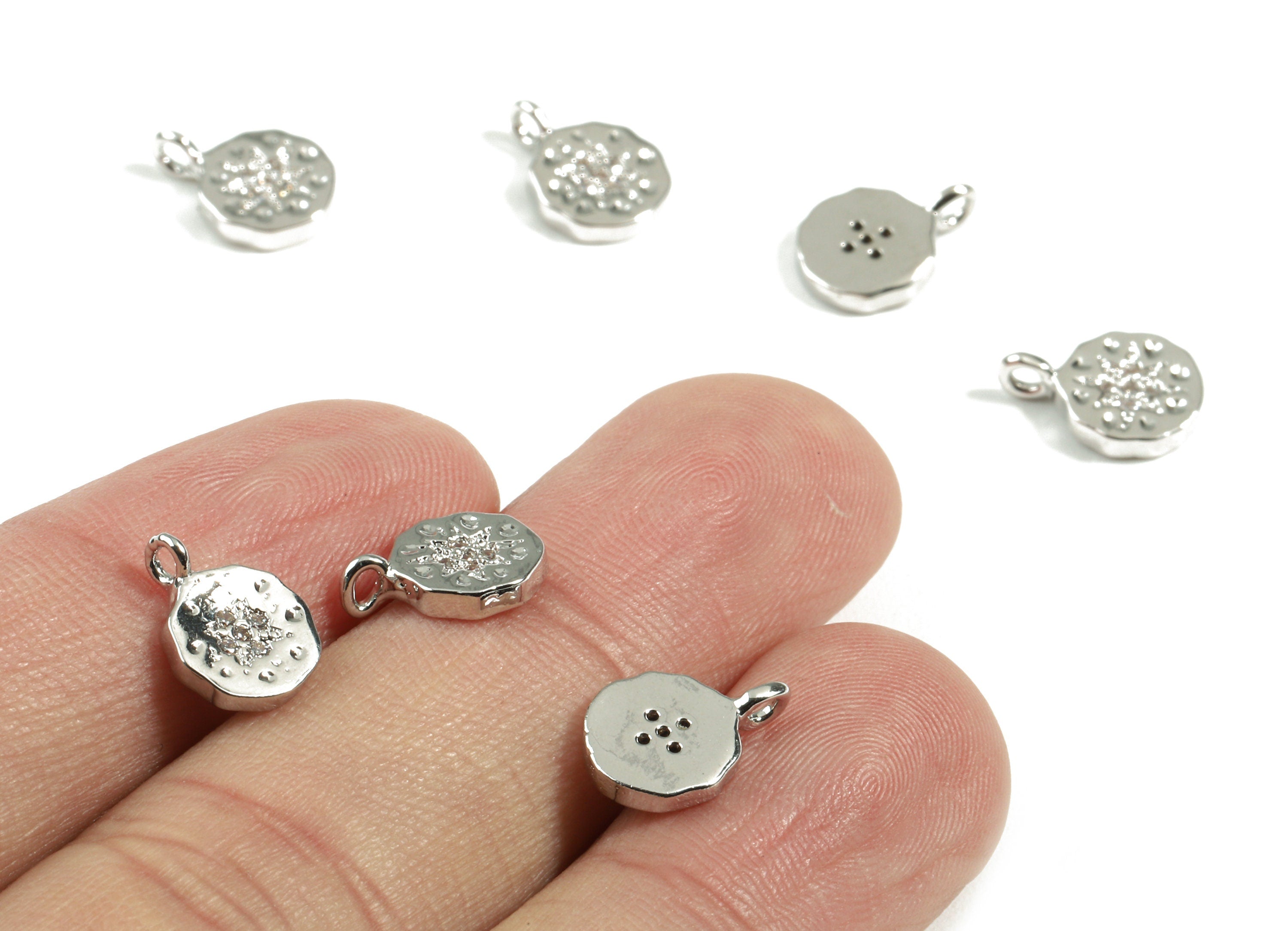 Brass Round Earring Charms With Zircons - Brass Star Earring Bracelet Charms - 18K Real Silver Plated Brass - 11.53x8.06x1.9mm - RGP2426 - DOMEDBAZAAR
