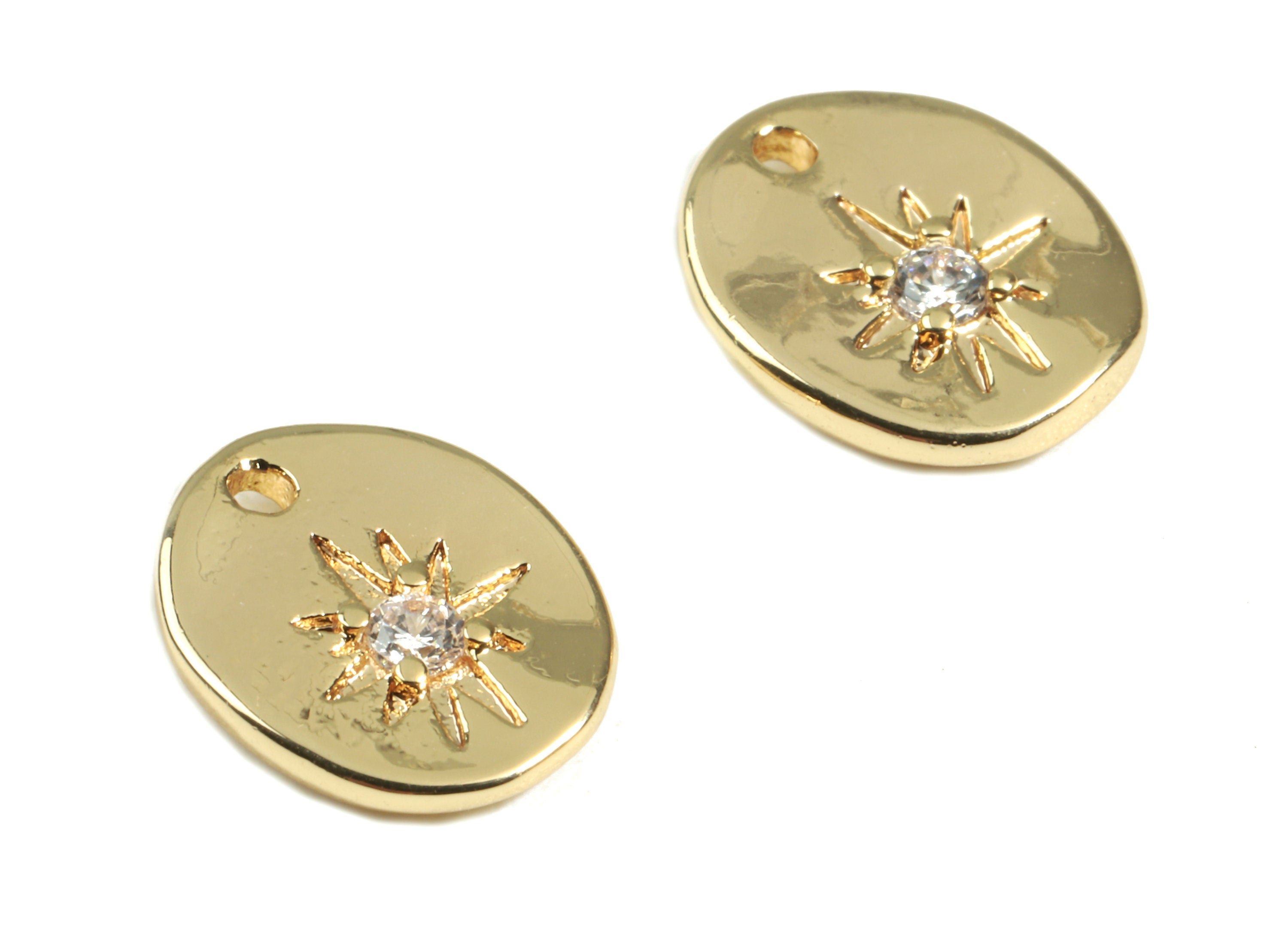 Brass Mini Oval Earring Charms With Zircon - Brass Star Earring Bracelet Charms - 18K Real Gold Plated Brass - 11x9.41x1.98mm - RGP2398 - DOMEDBAZAAR