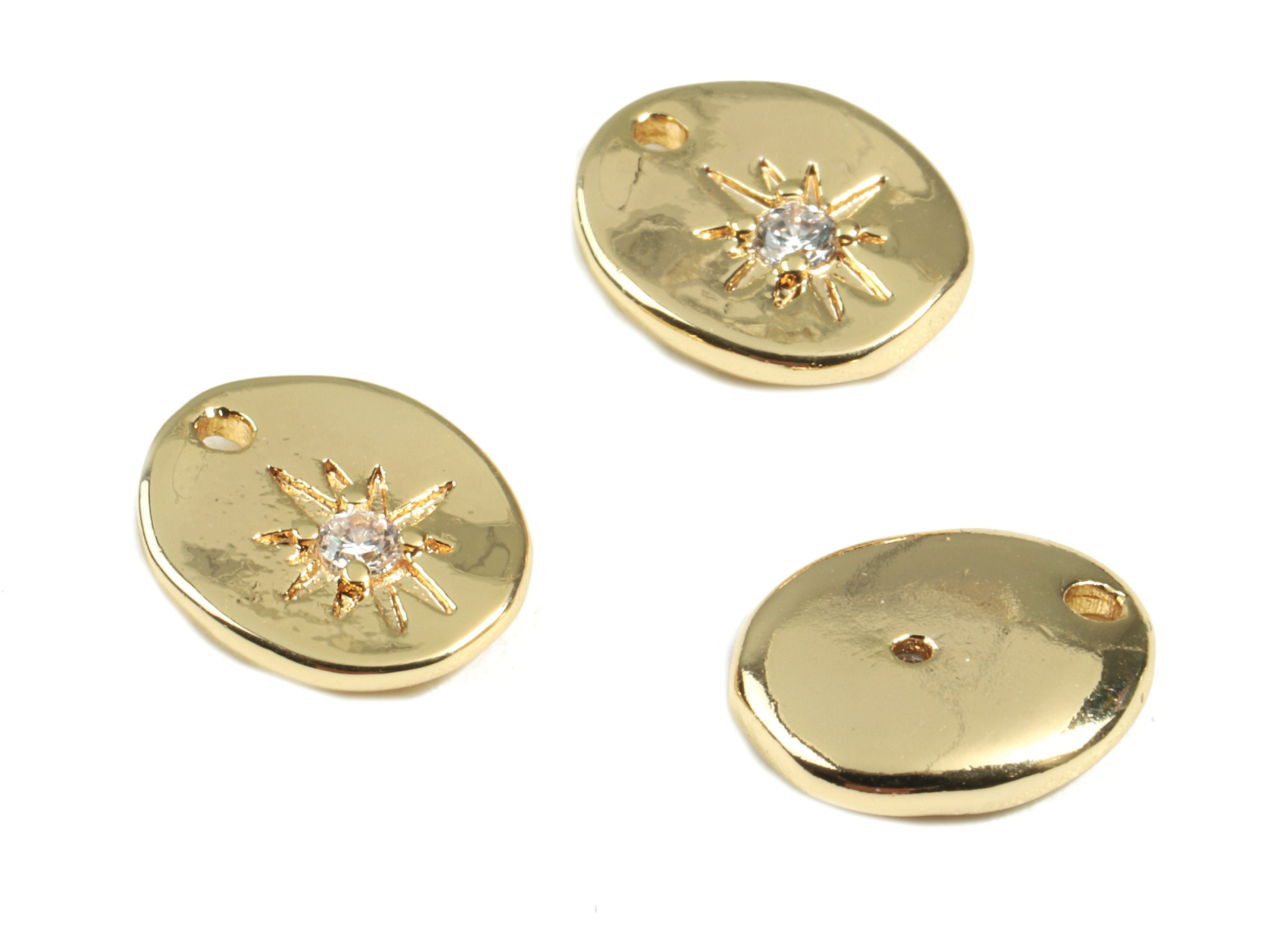 Brass Mini Oval Earring Charms With Zircon - Brass Star Earring Bracelet Charms - 18K Real Gold Plated Brass - 11x9.41x1.98mm - RGP2398 - DOMEDBAZAAR