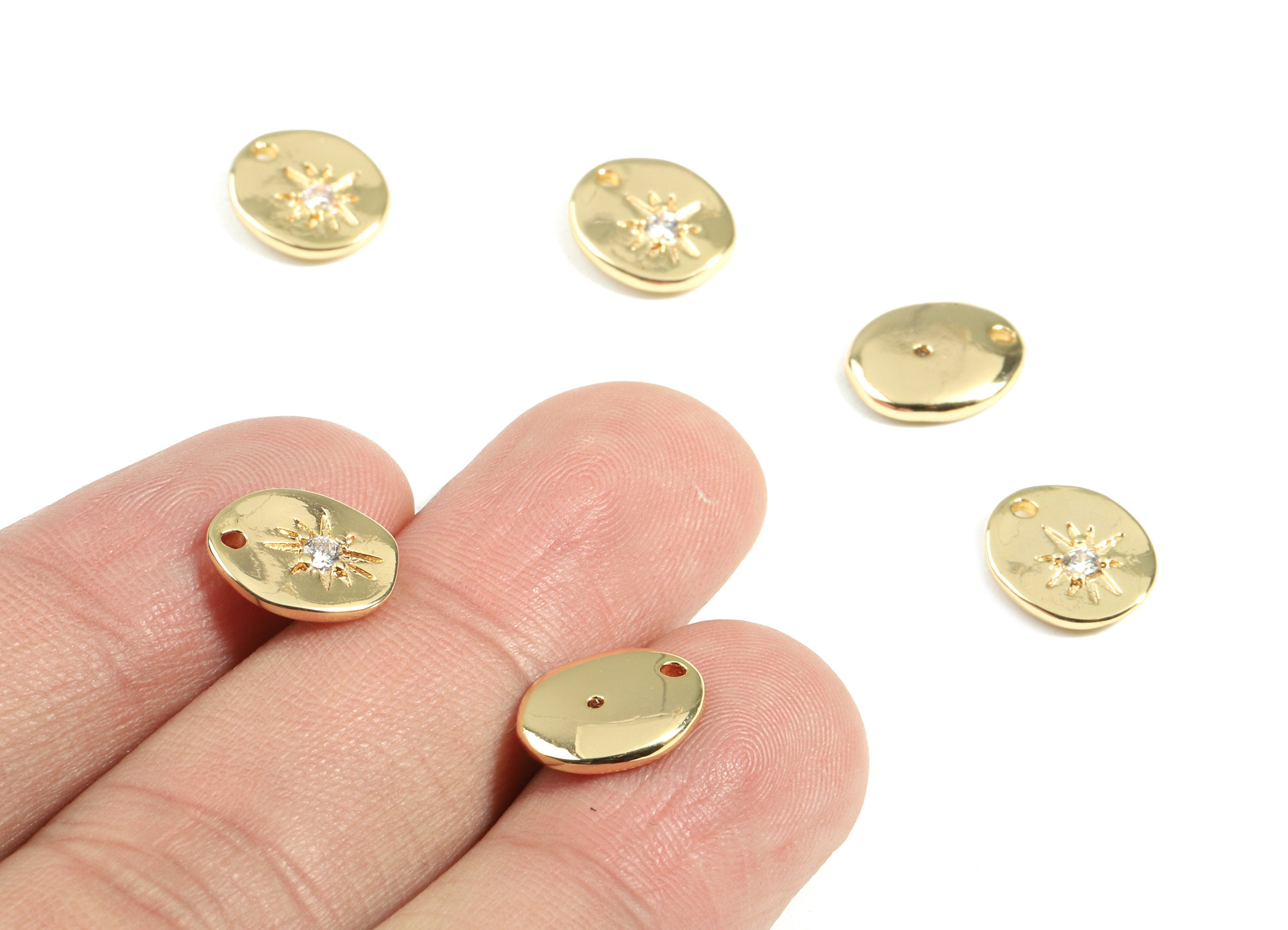 Brass Mini Oval Earring Charms With Zircon - Brass Star Earring Bracelet Charms - 18K Real Gold Plated Brass - 11x9.41x1.98mm - RGP2398 - DOMEDBAZAAR