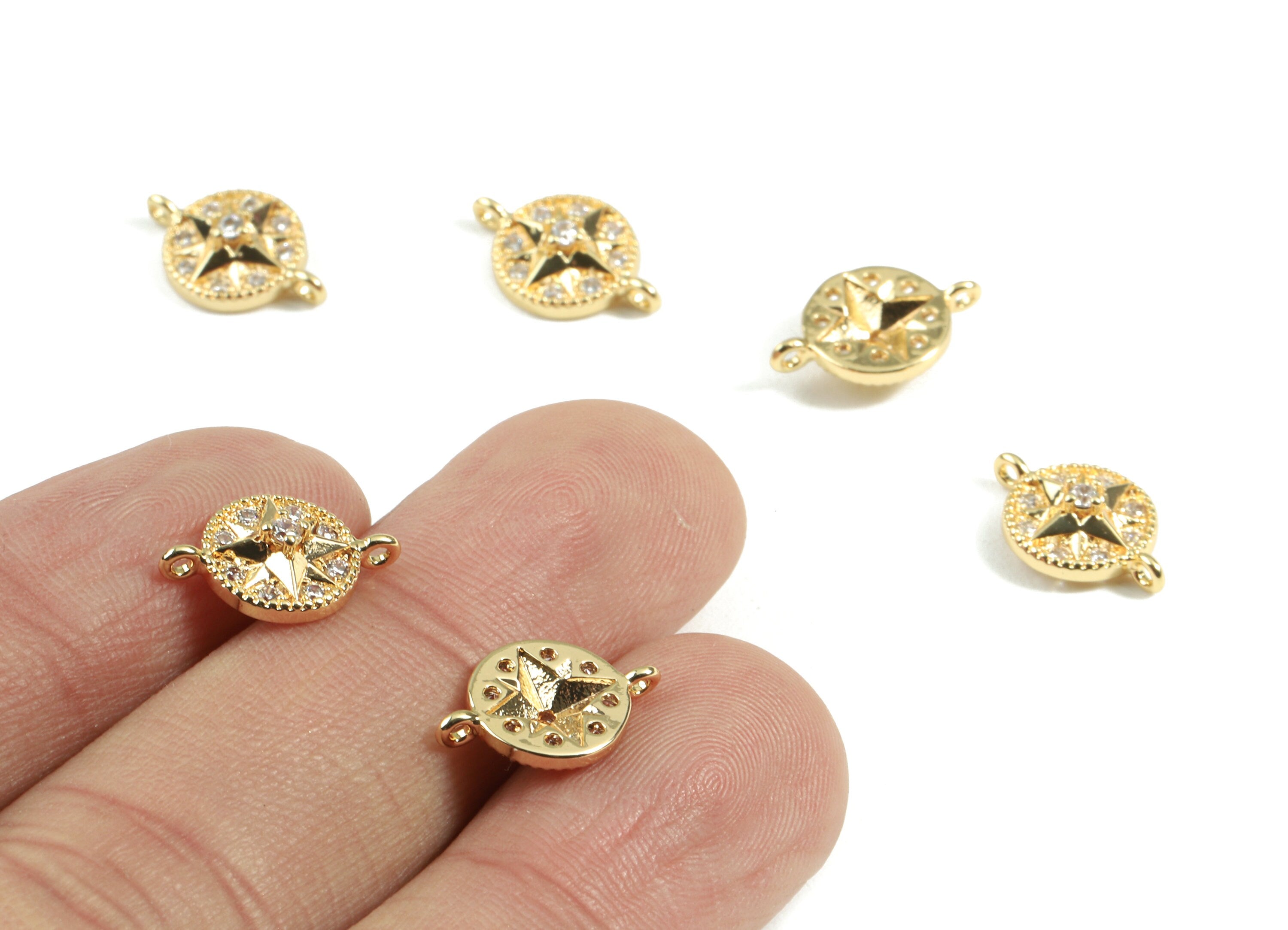 Brass Round Connectors - Brass Compass Star Bracelet Connector With Zircons - 18K Real Gold Plated Brass - 13.46x8.74x3.31mm - RGP2416 - DOMEDBAZAAR