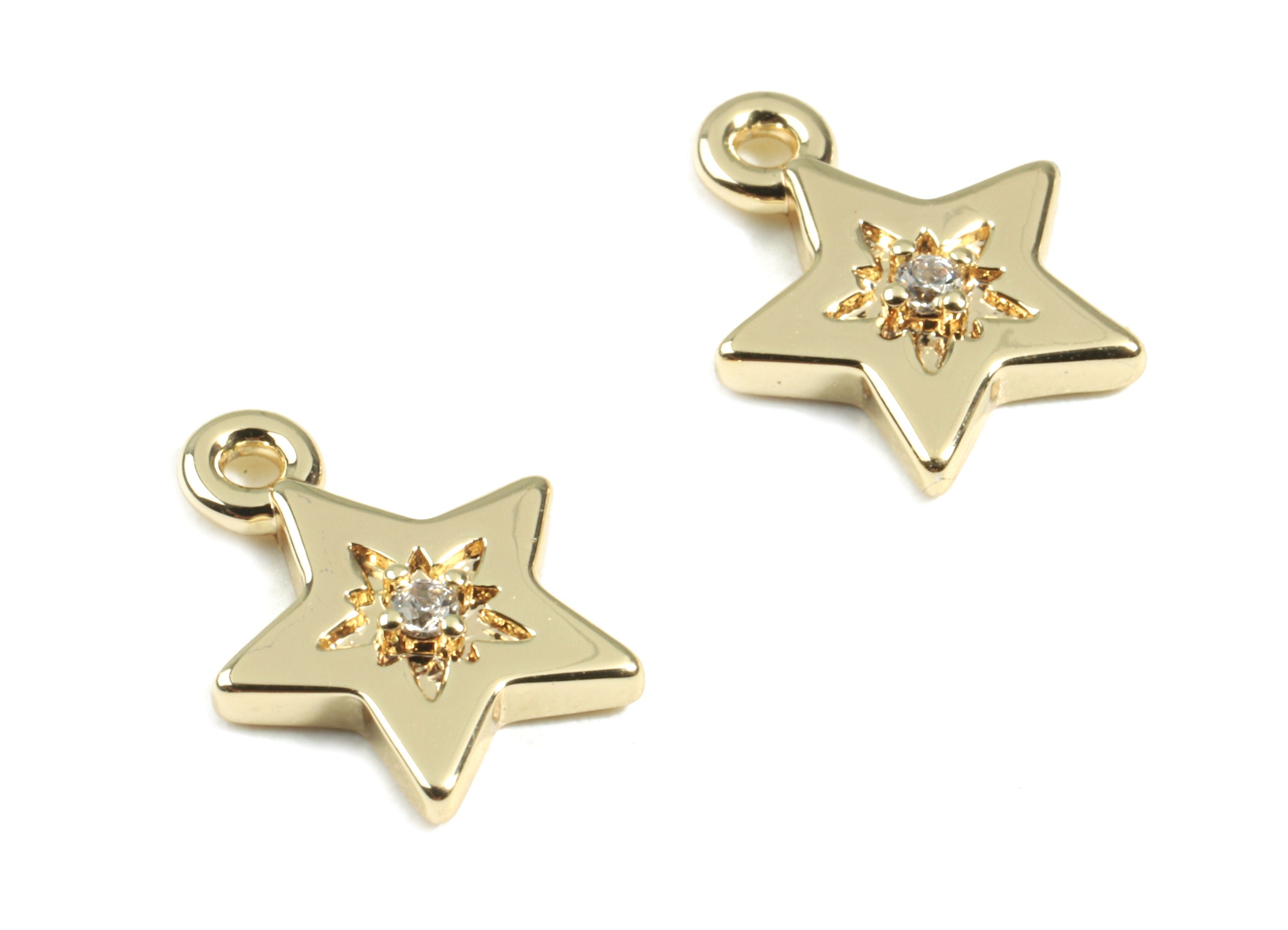 Brass Star Bracelet Charms With Zircons - Brass Gold Star Earring Charms - 18K Real Gold Plated Brass - 11.52x9.02x2.16mm - RGP2417 - DOMEDBAZAAR