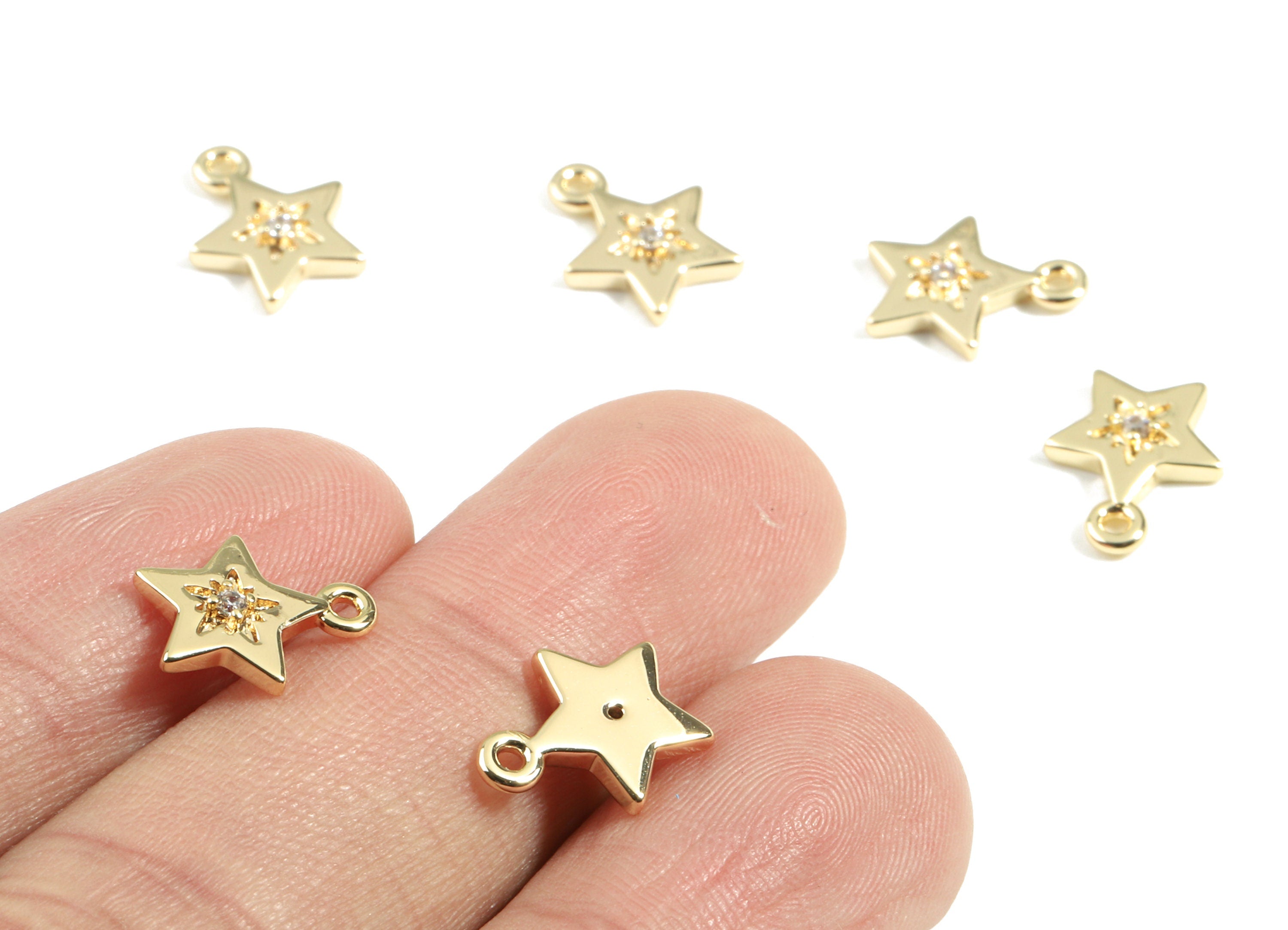 Brass Star Bracelet Charms With Zircons - Brass Gold Star Earring Charms - 18K Real Gold Plated Brass - 11.52x9.02x2.16mm - RGP2417 - DOMEDBAZAAR