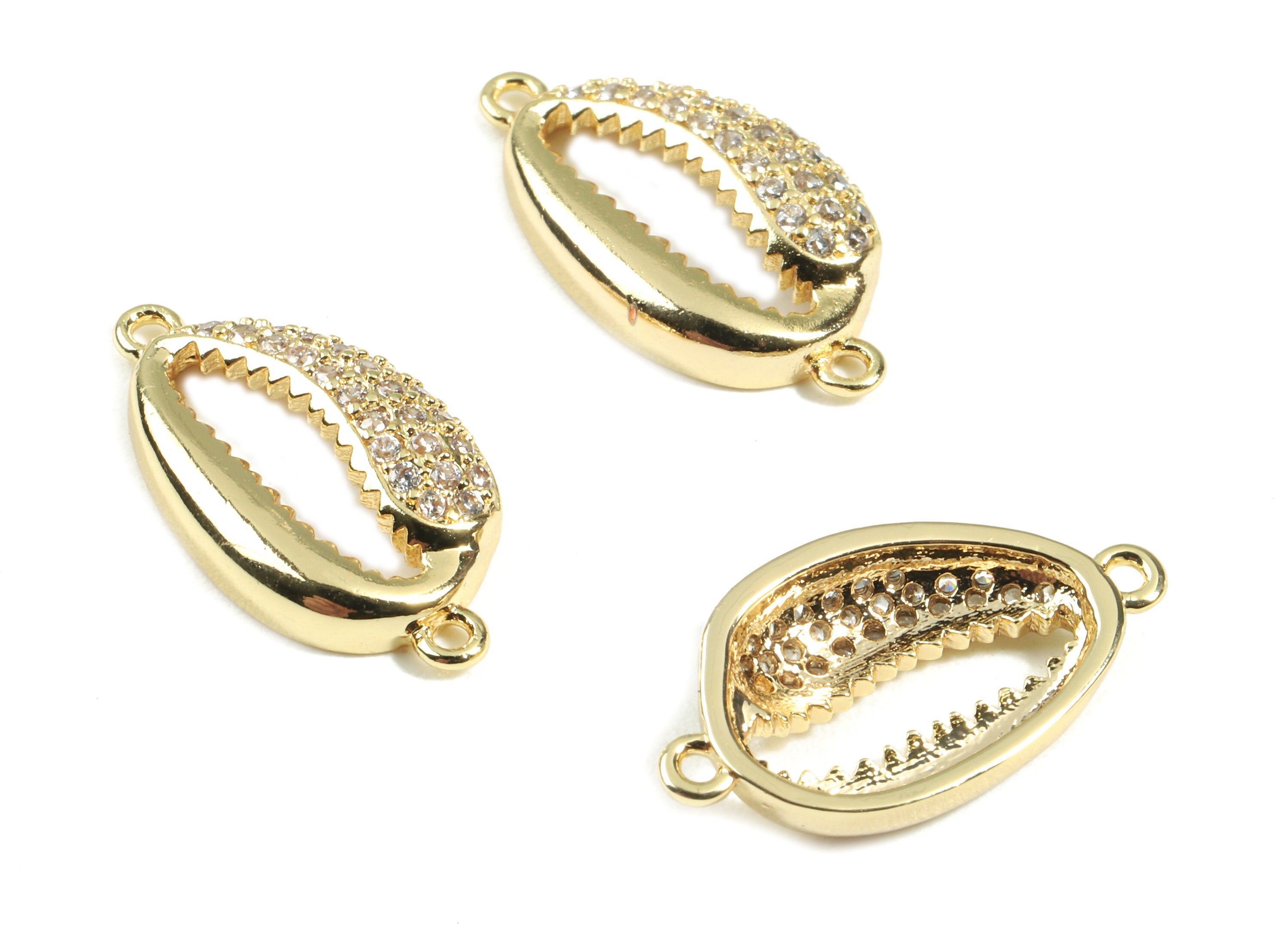 Brass Cowrie Seashell Connector - Brass Cut Open Mussel Shell With Zircon - 18K Real Gold Plated Brass - 20.58x11.16x2.03mm - RGP2444 - DOMEDBAZAAR