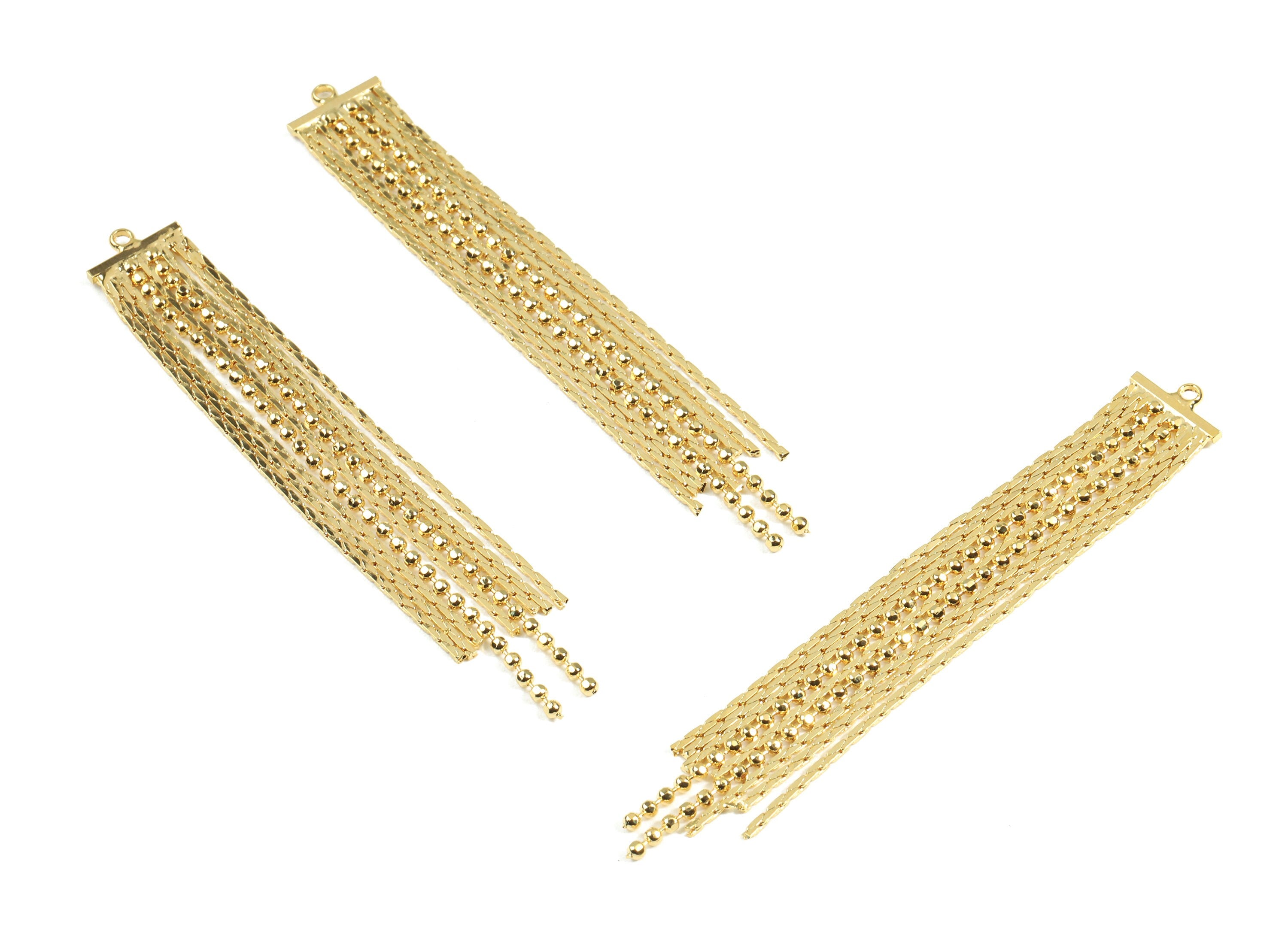 Brass Gold Chain Tassel Earring Charms - Brass Ball Chain Tassel Earrings Charms - 18k Real Gold Plated Brass - 73x10x1.5mm - RGP2369 - DOMEDBAZAAR