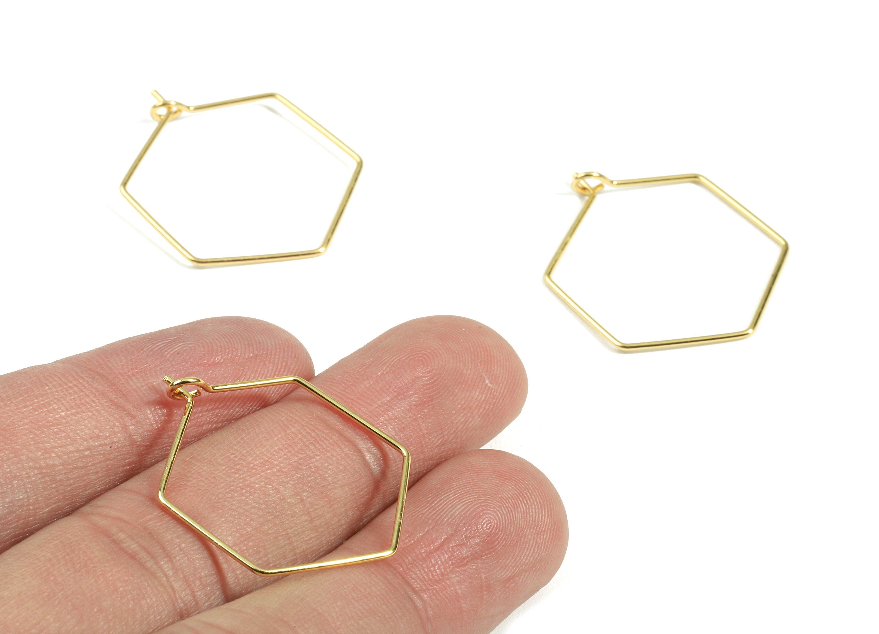 Brass Hexagon Earring Hoops - Brass Hexagon Earring Ear Wire - 18K Real Gold Plated Brass - Jewelry Supplies - 29.68x24.7x0.74mm - RGP2396 - DOMEDBAZAAR