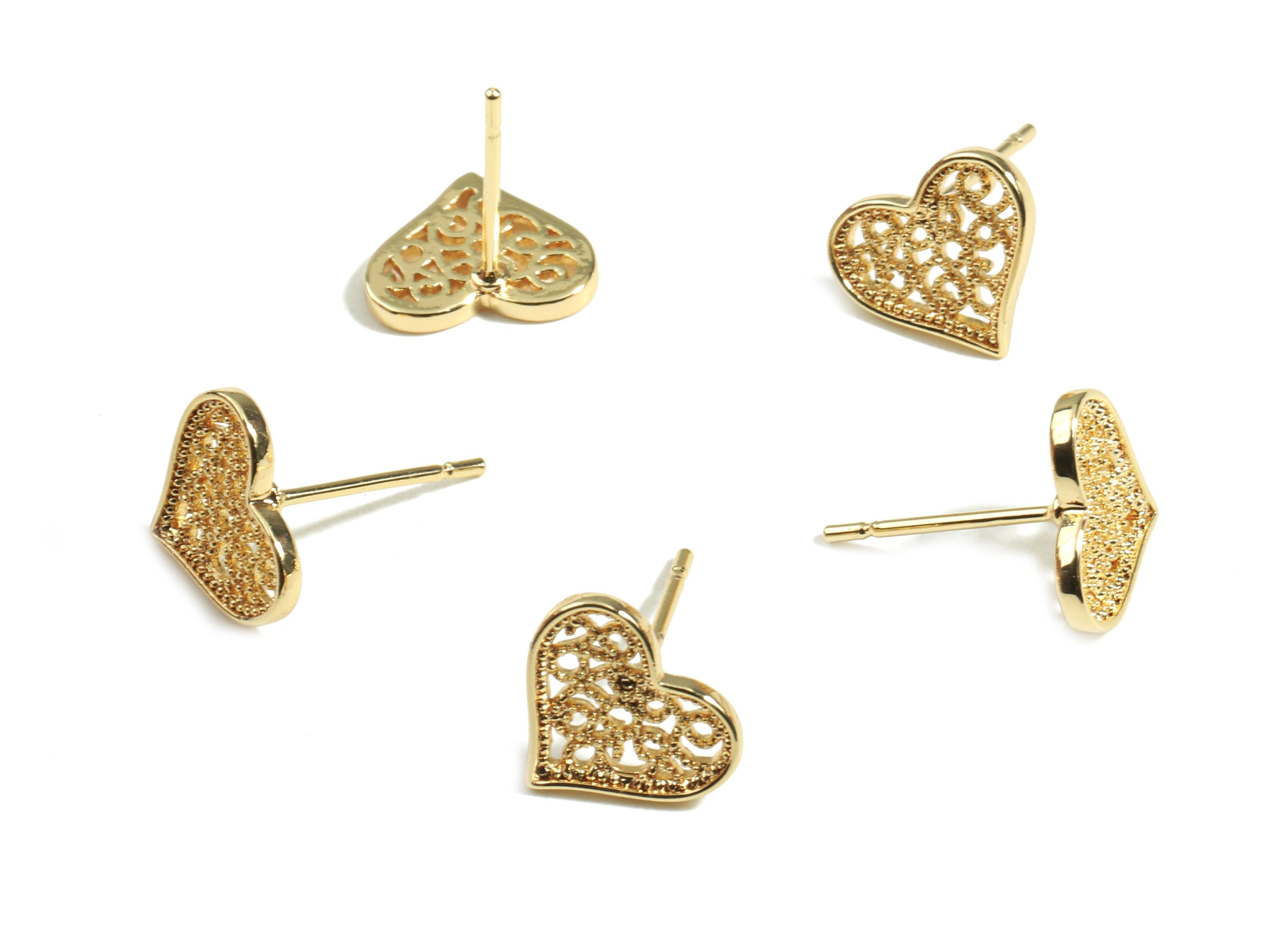 Brass Heart Earring Post - Brass Heart Earring Stud - 18K Real Gold Plated Brass - Jewelry Supplies - 10.55x9.17x1.35mm - RGP2402 - DOMEDBAZAAR