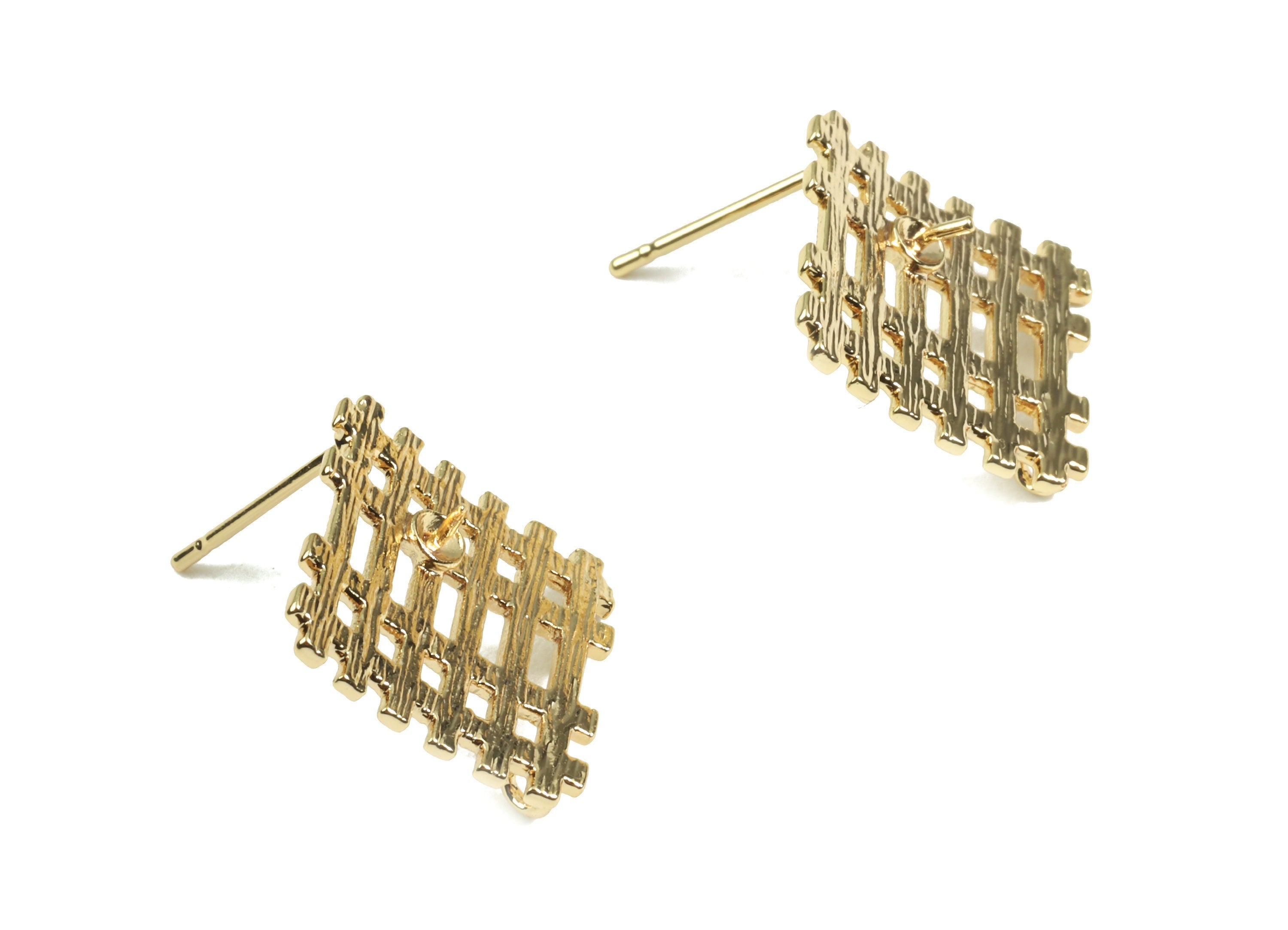 Brass Gold Square Earring Post - Brass Fence Square Stud With Loop - 18K Real Gold Plated Brass - Surgical Stud - 15.4x15.4x3.23mm - RGP2357 - DOMEDBAZAAR