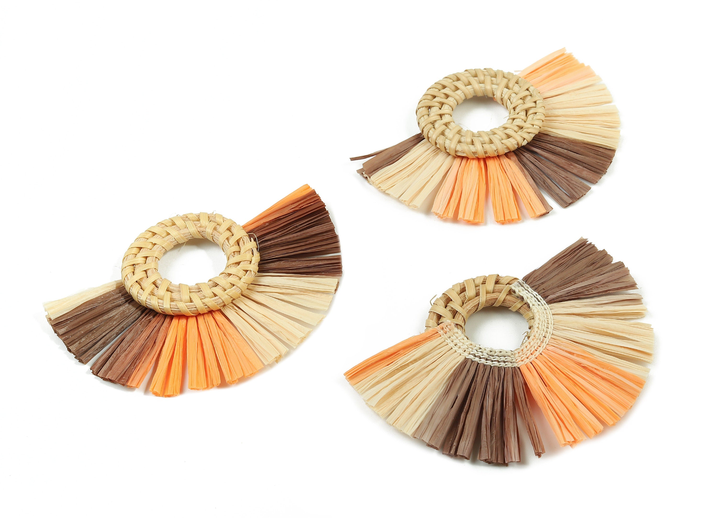 Rattan Raffia Tassel Round Charms - Circle Earrings with Fan Tassels - Handmade Rattan - Woven Earrings - 75.58x56.04x6.11mm - RT1346 - DOMEDBAZAAR