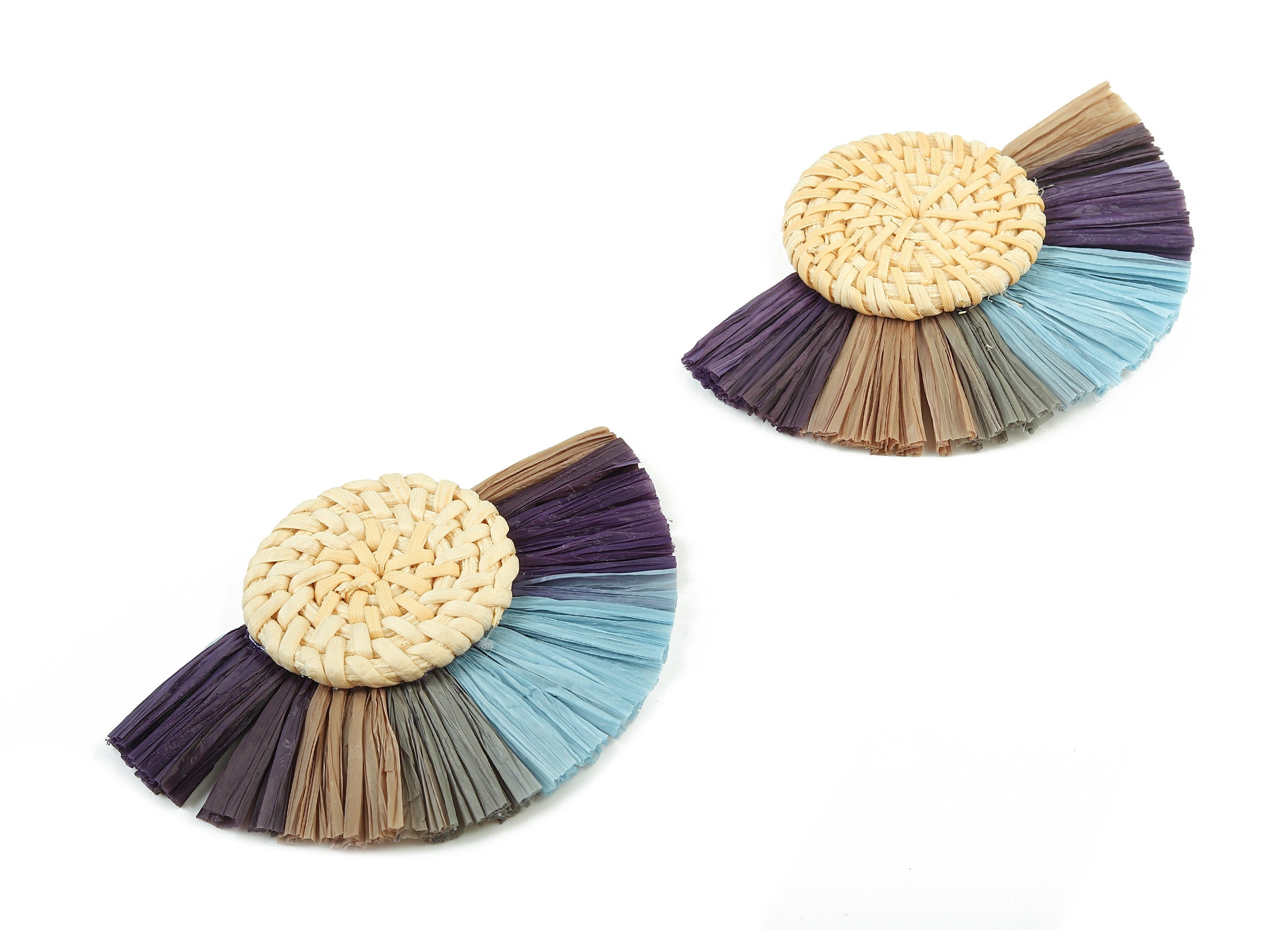 Rattan Raffia Tassel Round Charms - Circle Earrings with Fan Tassels - Handmade Rattan - Woven Earrings - 80.38x57.23x7.17mm - RT1349 - DOMEDBAZAAR