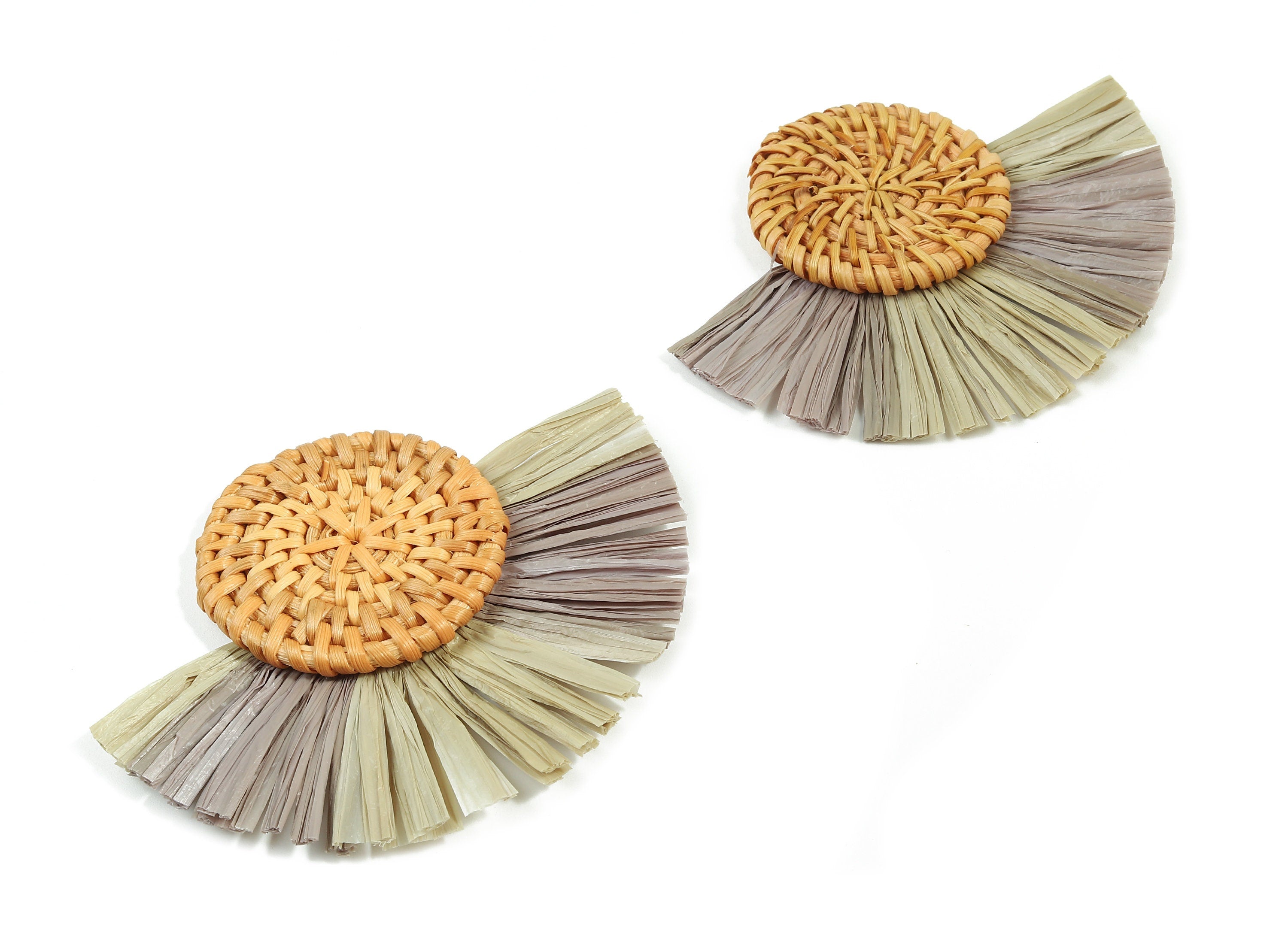 Rattan Raffia Tassel Round Charms - Circle Earrings with Fan Tassels - Handmade Rattan - Woven Earrings - 82.9x60.58x6.72mm - RT1340 - DOMEDBAZAAR