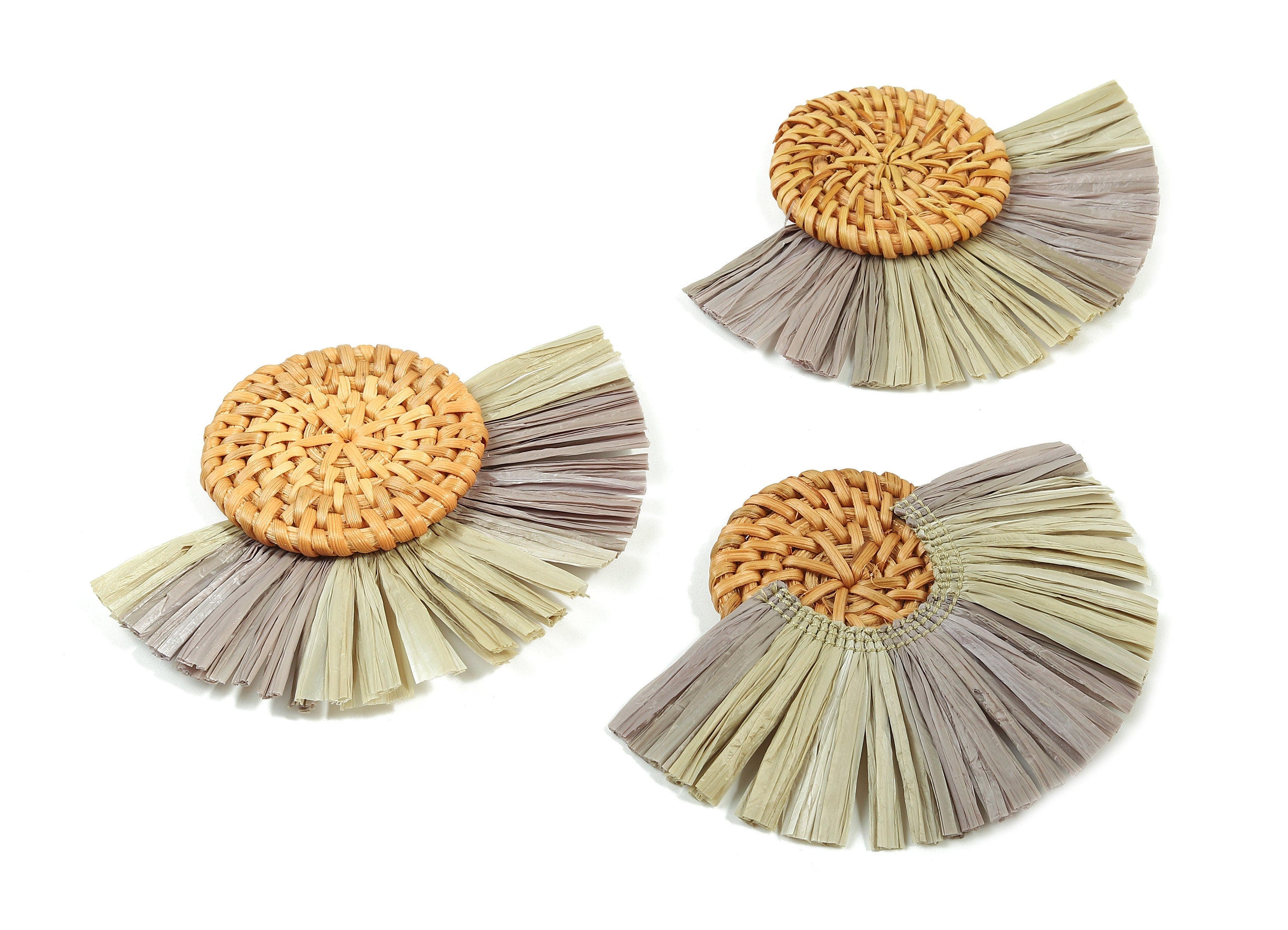 Rattan Raffia Tassel Round Charms - Circle Earrings with Fan Tassels - Handmade Rattan - Woven Earrings - 82.9x60.58x6.72mm - RT1340 - DOMEDBAZAAR