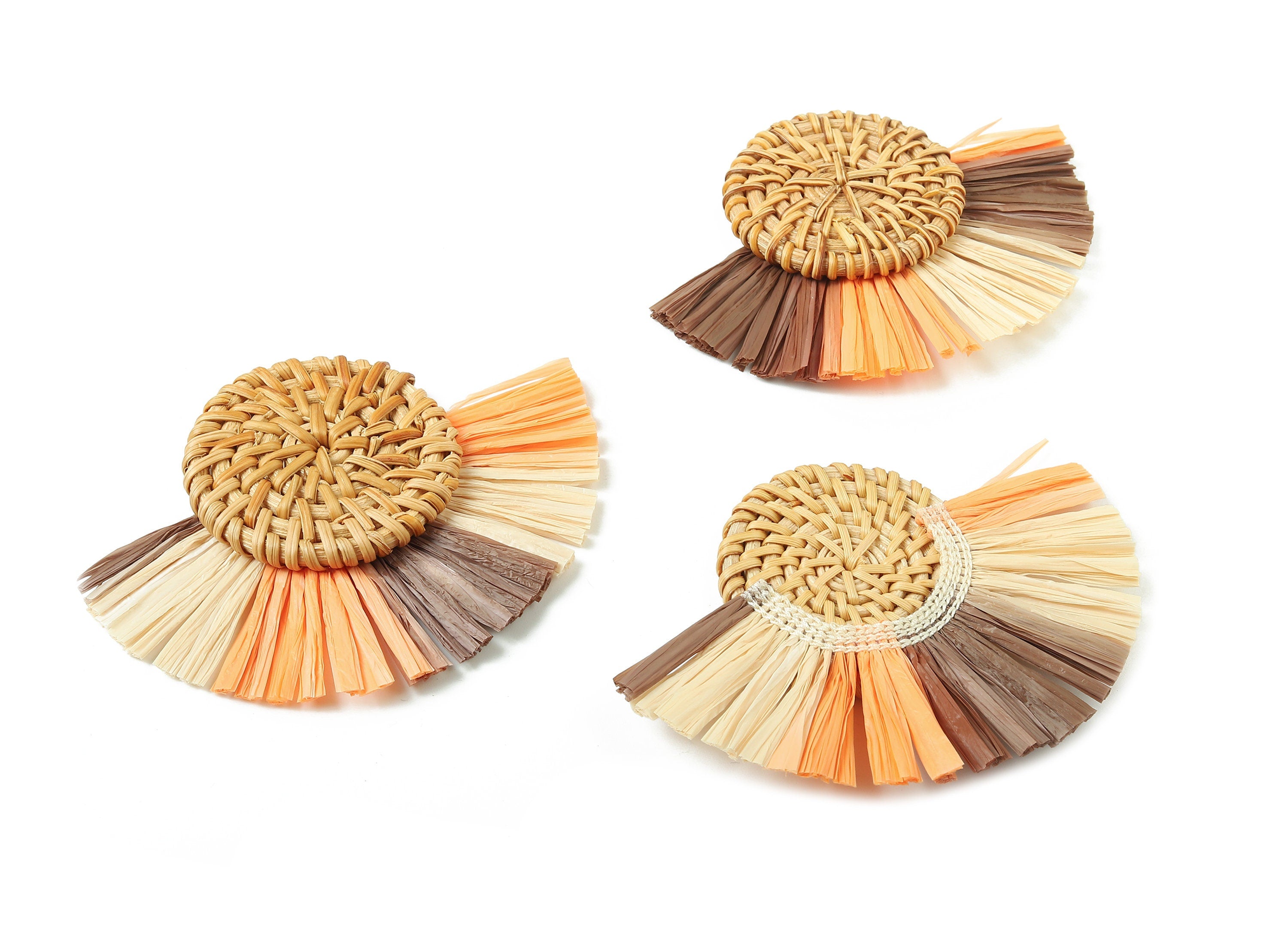 Rattan Raffia Tassel Round Charms - Circle Earrings with Fan Tassels - Handmade Rattan - Woven Earrings - 82.9x60.58x6.72mm - RT1337 - DOMEDBAZAAR