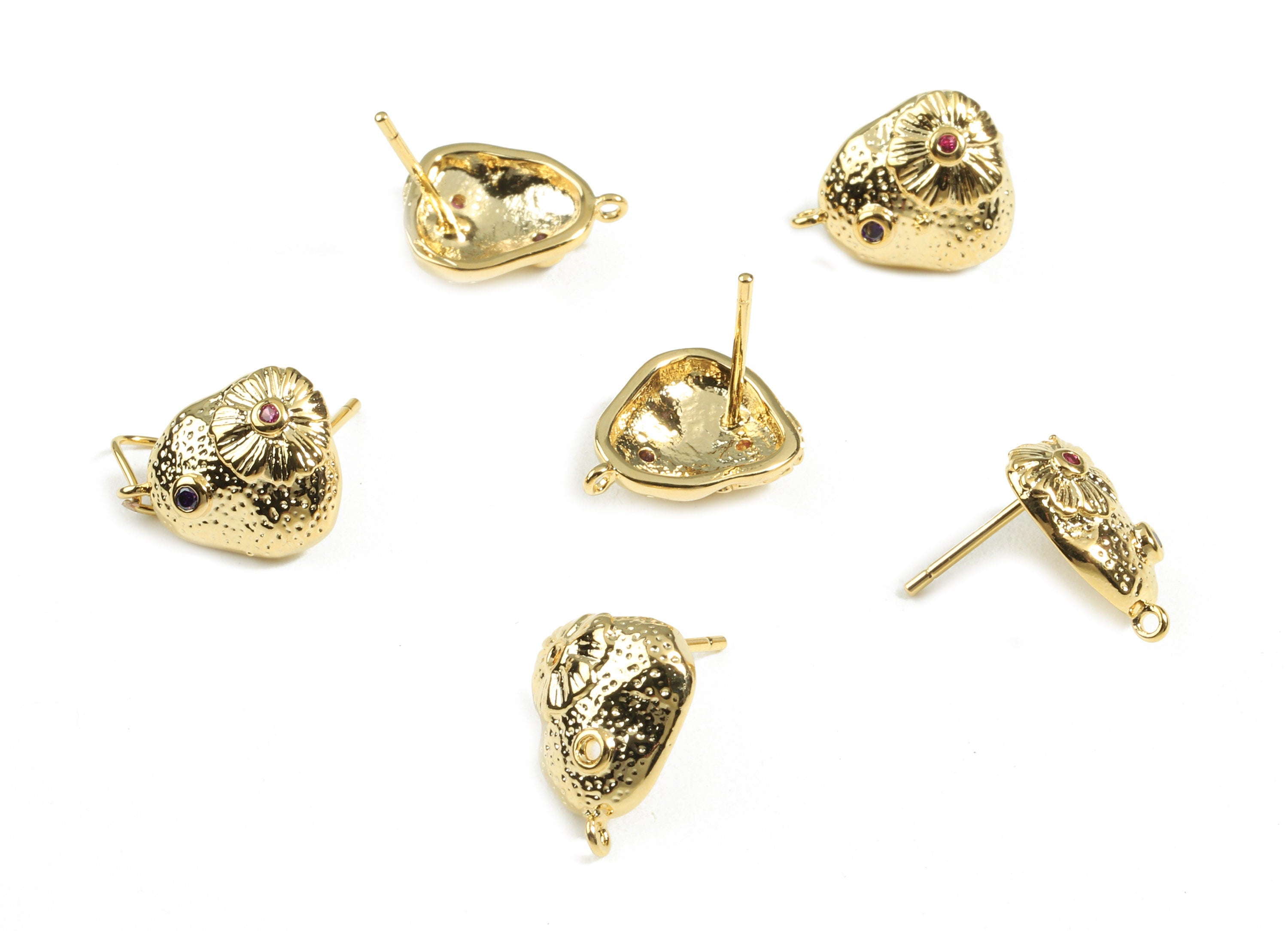 Brass Mushroom Earring Stud With Loop - Brass Mushroom Earring Post With Zircons - 18K Real Gold Plated Brass - 12.88x10.29x1.54mm - RGP2439 - DOMEDBAZAAR