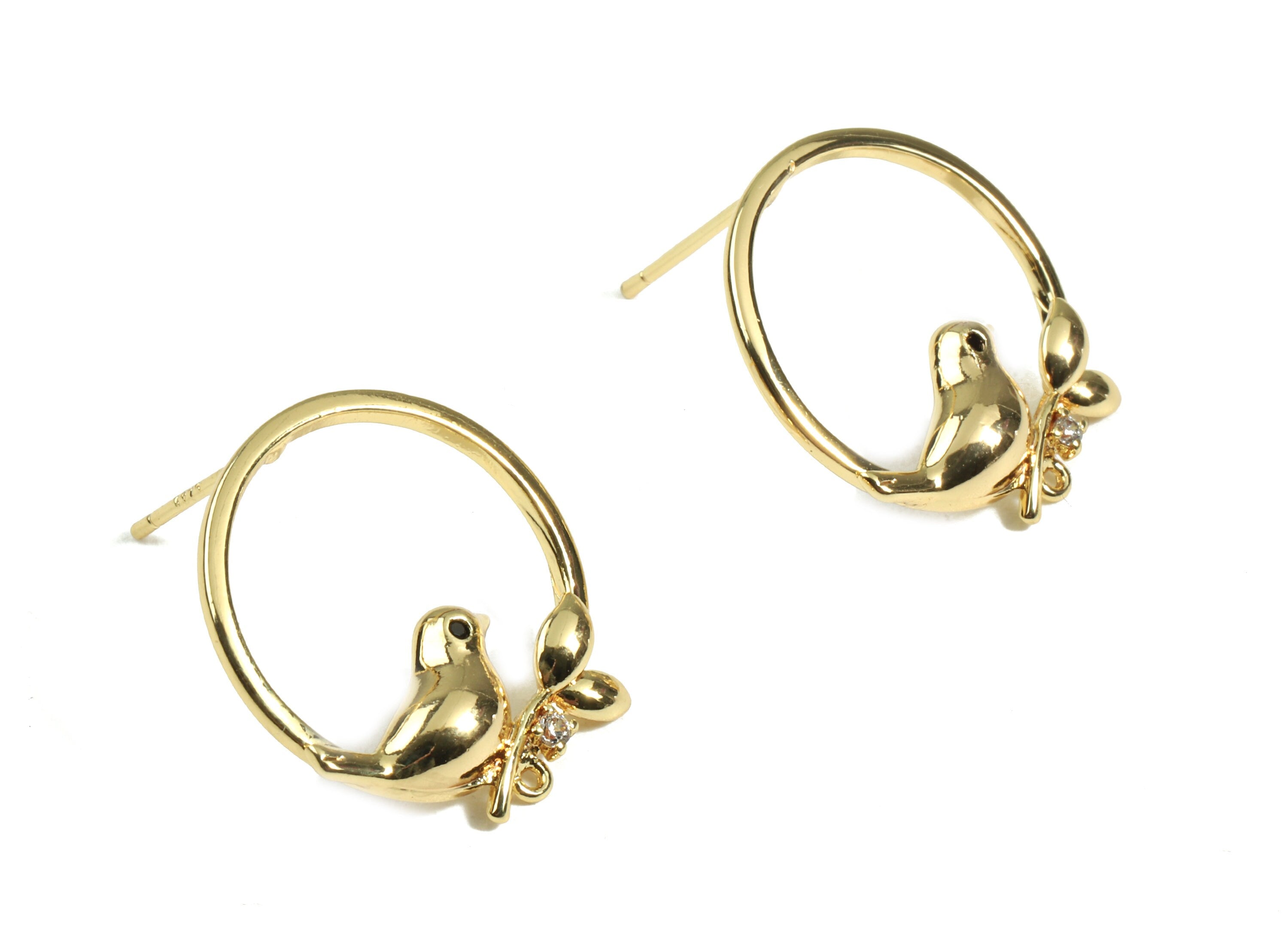 Brass Gold Bird Circle Earring Stud - Brass Bird Earrring Post With Loop - 18K Real Gold Plated Brass - 20.83x19.47x3.1mm - RGP2358 - DOMEDBAZAAR