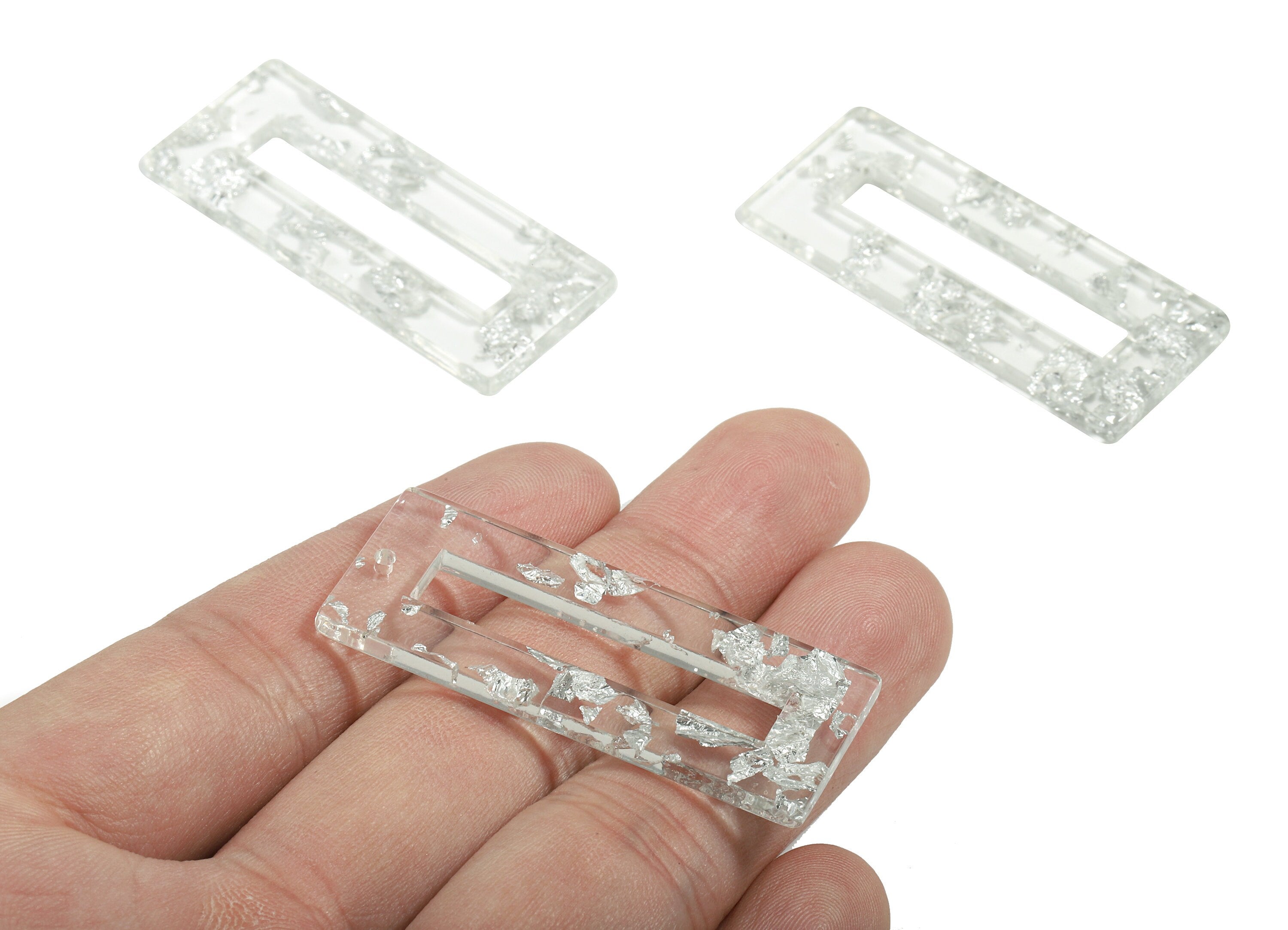 Acetate Rectangle Charms - Rectangle Earrings and Pendant - Silver Foil & Confetti - Color Code: A254 - 47.11x19.6x2.57mm - AC1025-A254 - DOMEDBAZAAR