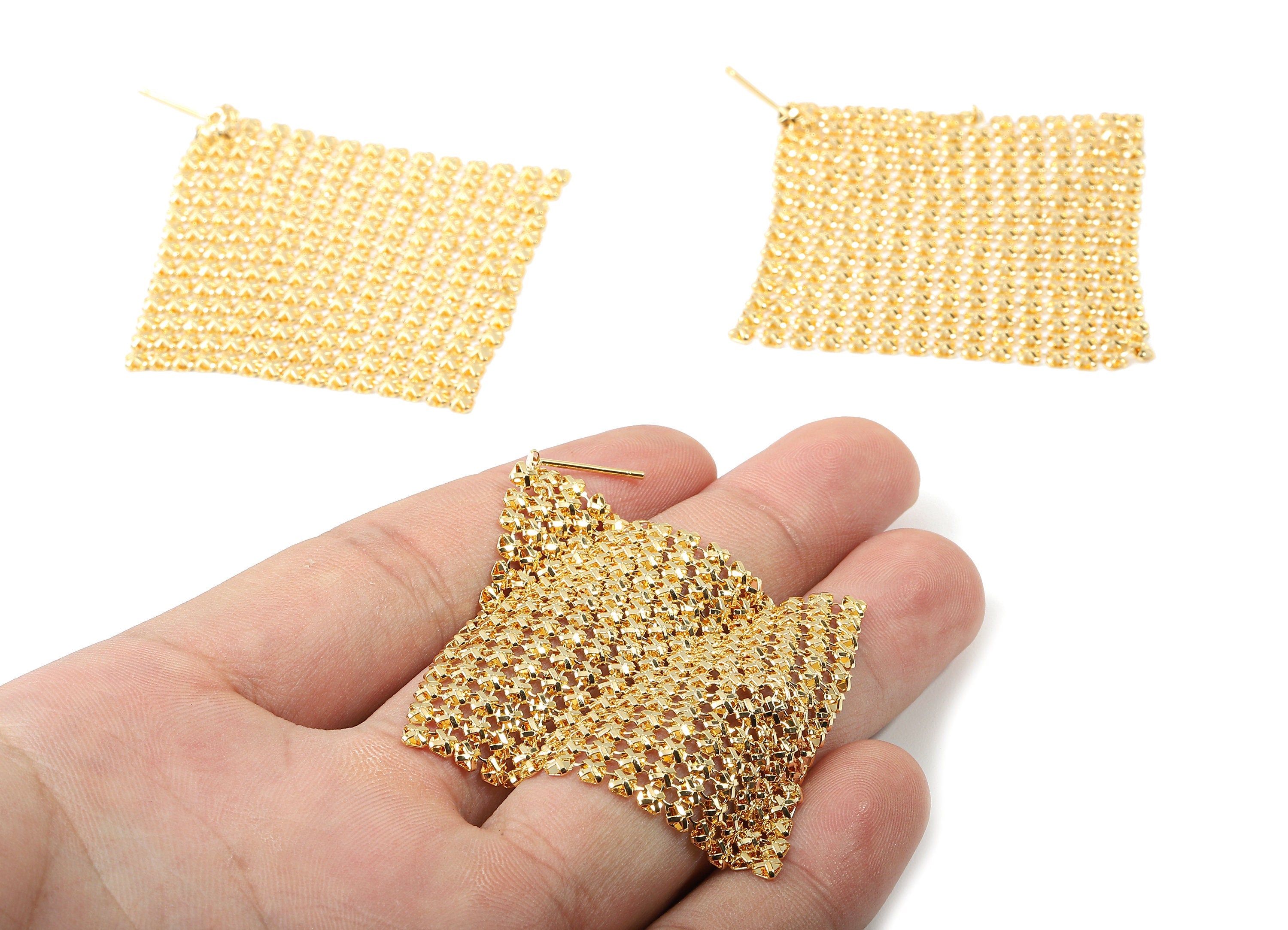 Brass Square Mesh Earring Post - Brass Square Mesh Earring Stud - 18K Real Gold Plated Brass - Brass Square Pendant - 50x50x1.57mm - RGP2255 - DOMEDBAZAAR