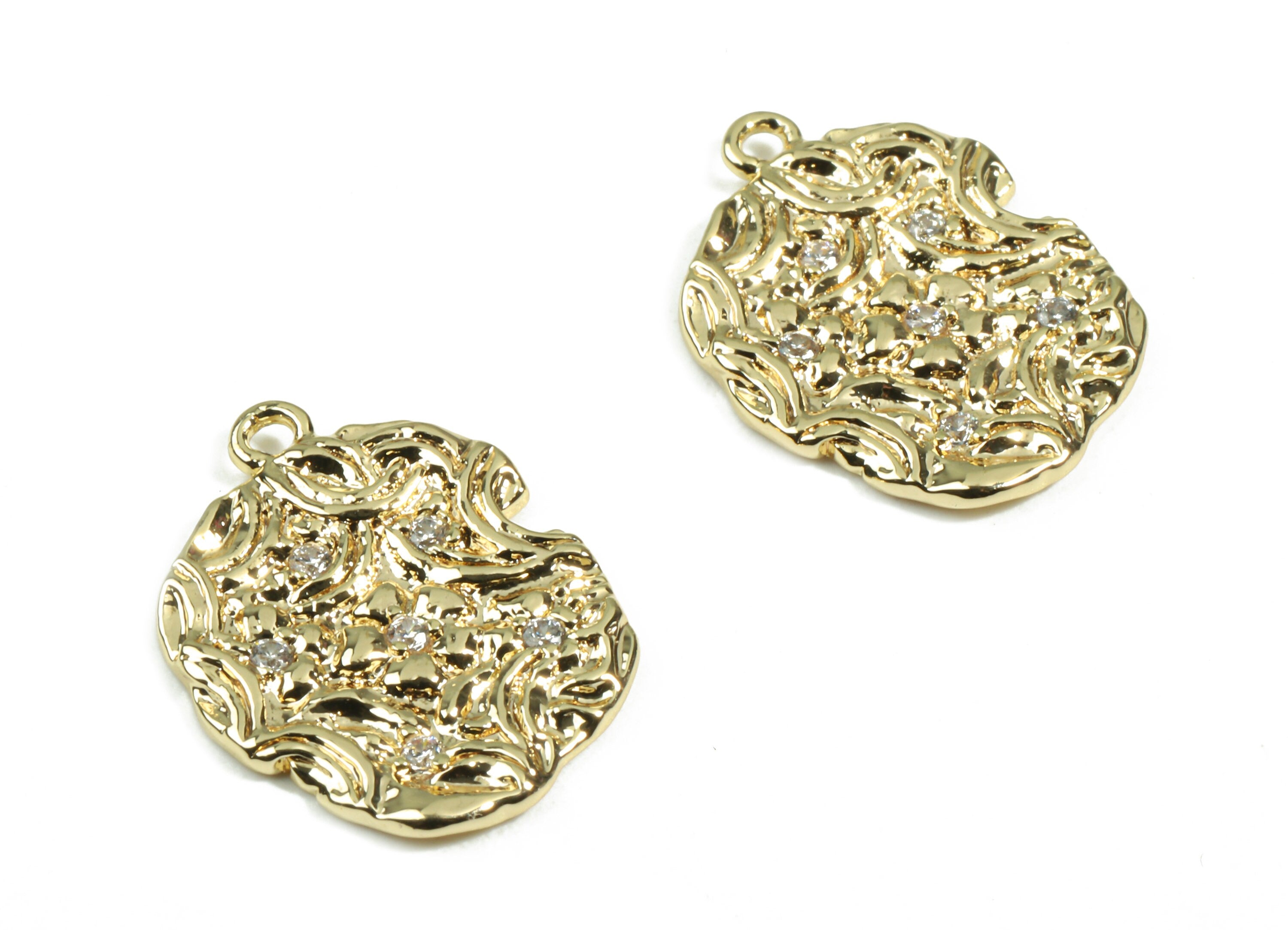 Brass Round Earring Charms With Zircons - Brass Round Earring Pendant - 18K Real Gold Plated Brass - 19.98x15.19x1.55mm-RGP2446 - DOMEDBAZAAR