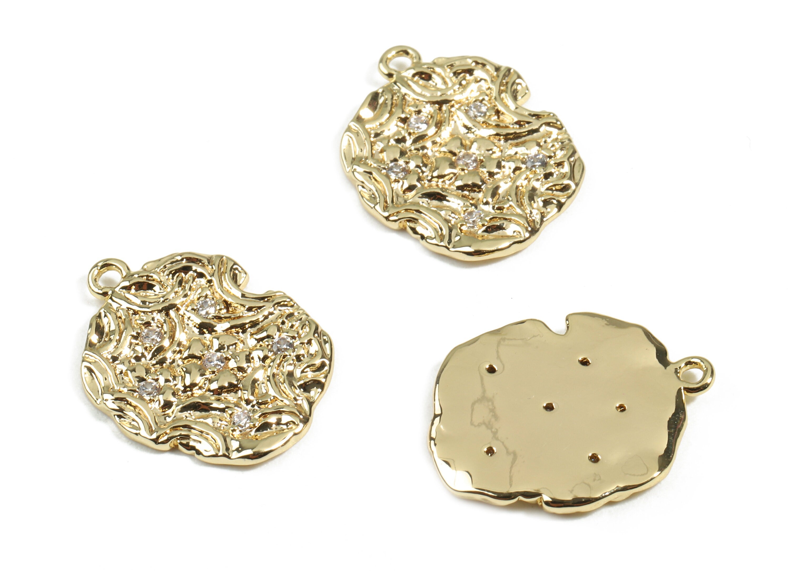 Brass Round Earring Charms With Zircons - Brass Round Earring Pendant - 18K Real Gold Plated Brass - 19.98x15.19x1.55mm-RGP2446 - DOMEDBAZAAR