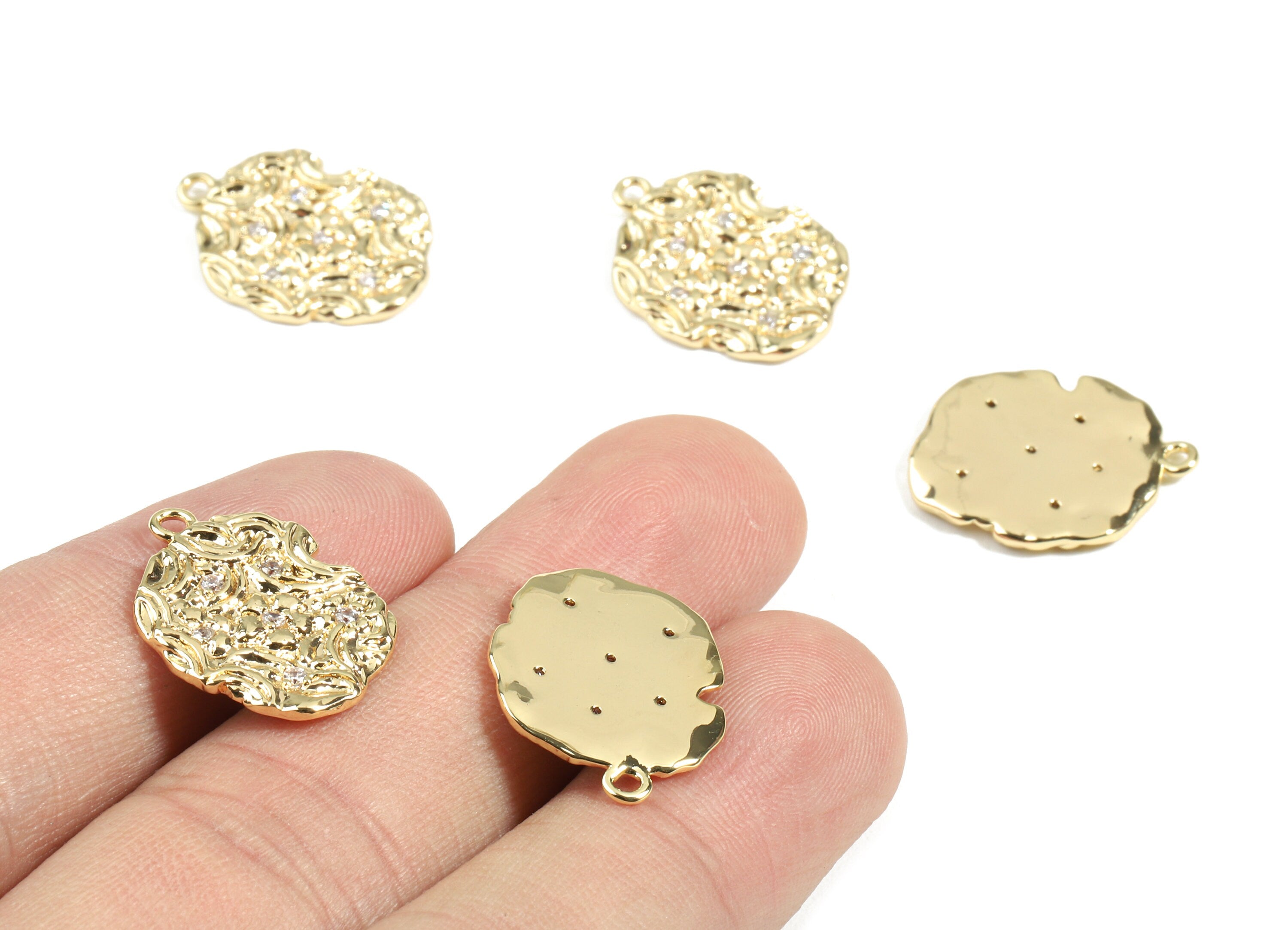 Brass Round Earring Charms With Zircons - Brass Round Earring Pendant - 18K Real Gold Plated Brass - 19.98x15.19x1.55mm-RGP2446 - DOMEDBAZAAR