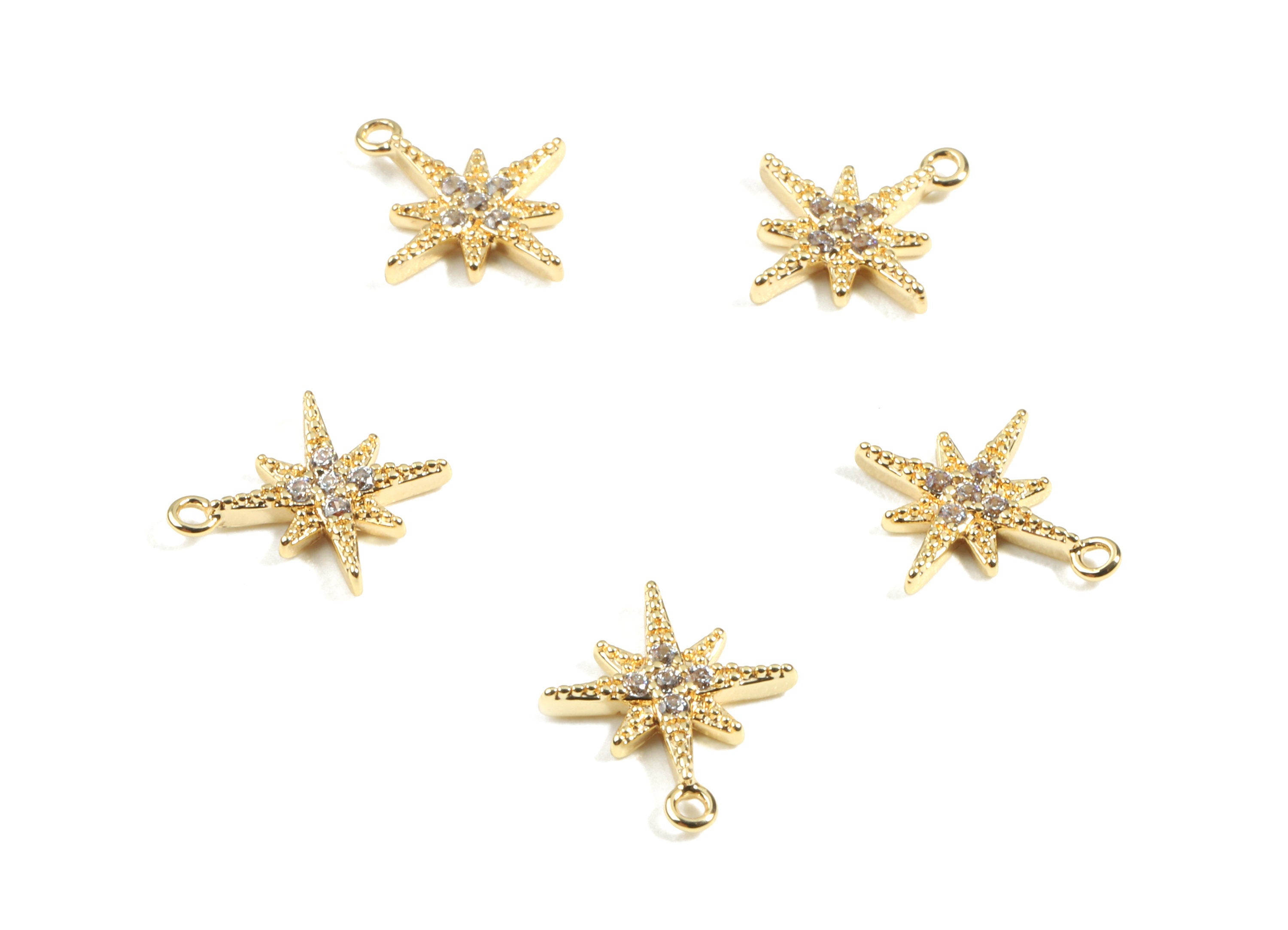 Brass Star Earring Charms With Zircons - Brass Star Charm For Necklace and Bracelet - 18K Real Gold Plated Brass - 10.95x9.6x1.7mm - RGP2454 - DOMEDBAZAAR