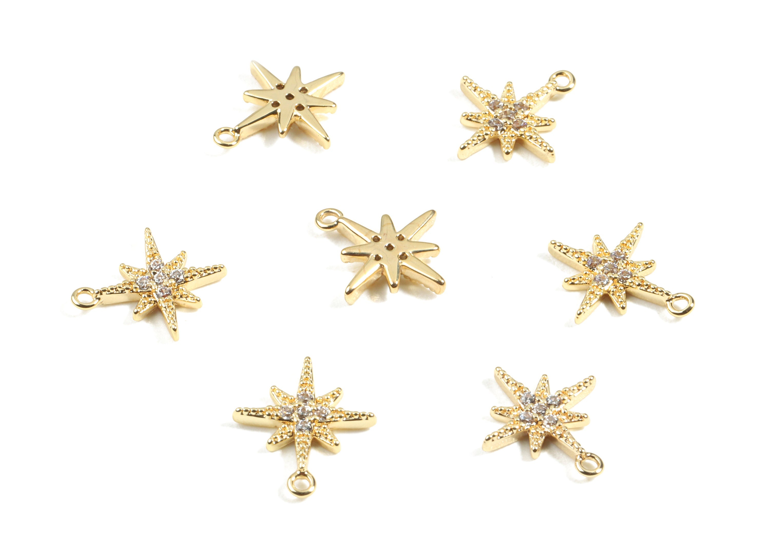 Brass Star Earring Charms With Zircons - Brass Star Charm For Necklace and Bracelet - 18K Real Gold Plated Brass - 10.95x9.6x1.7mm - RGP2454 - DOMEDBAZAAR