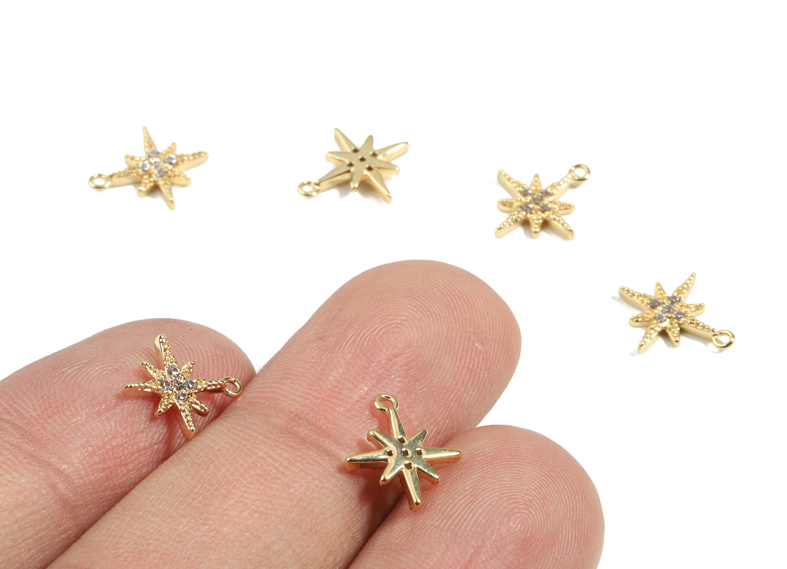 Brass Star Earring Charms With Zircons - Brass Star Charm For Necklace and Bracelet - 18K Real Gold Plated Brass - 10.95x9.6x1.7mm - RGP2454 - DOMEDBAZAAR