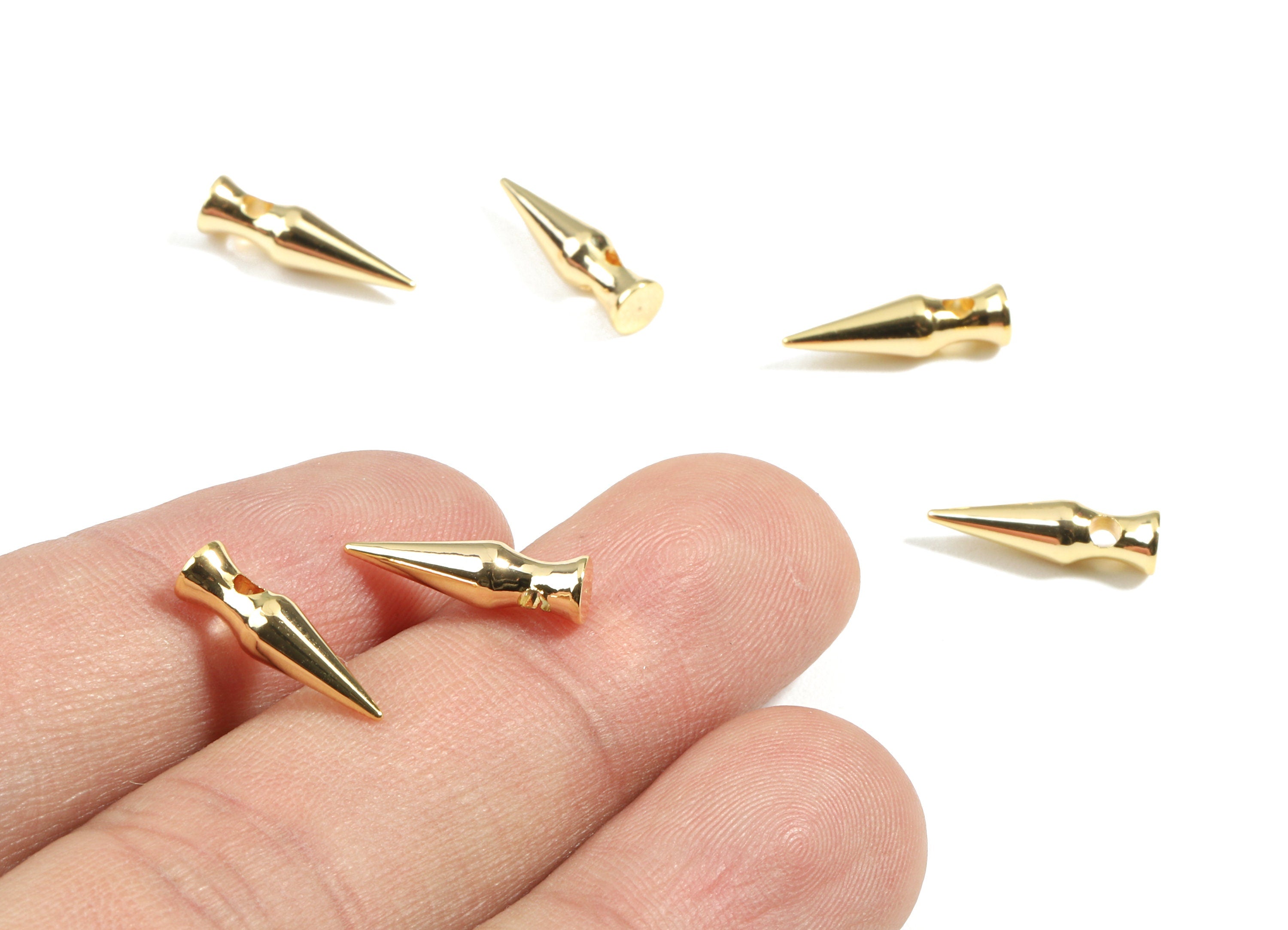 Brass Spike Earring Charms With Loop - Brass Point Drop For Bracelet and Necklace  - 18K Real Gold Plated Brass - 14.45x4.06x4.1mm - RGP2452 - DOMEDBAZAAR