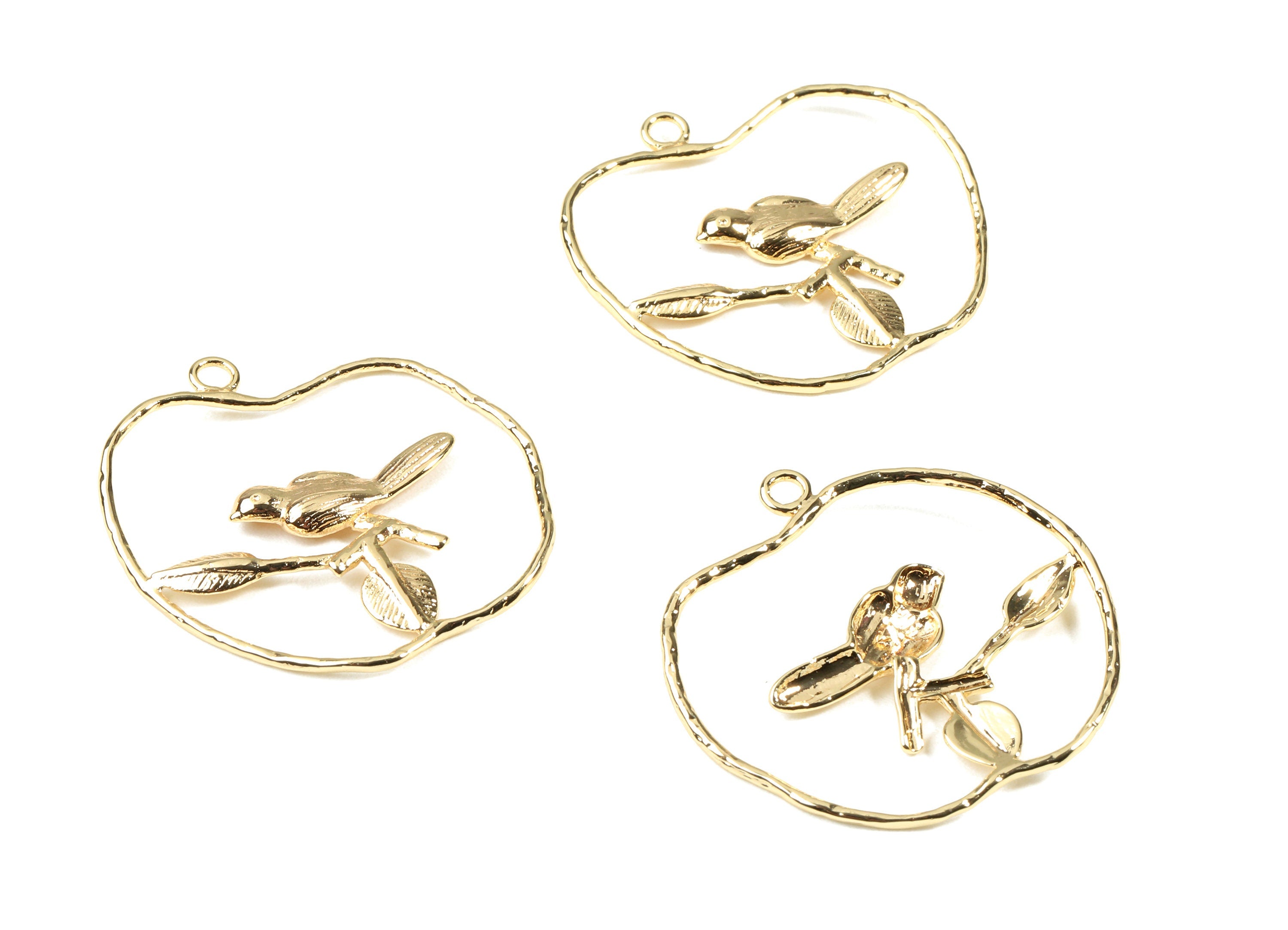 Brass Bird Earring Charms - Gold Bird On Branch Pendant - 18K Real Gold Plated Brass - Jewelry Supplies - 30.06x31.47x2.65mm - RGP2488 - DOMEDBAZAAR