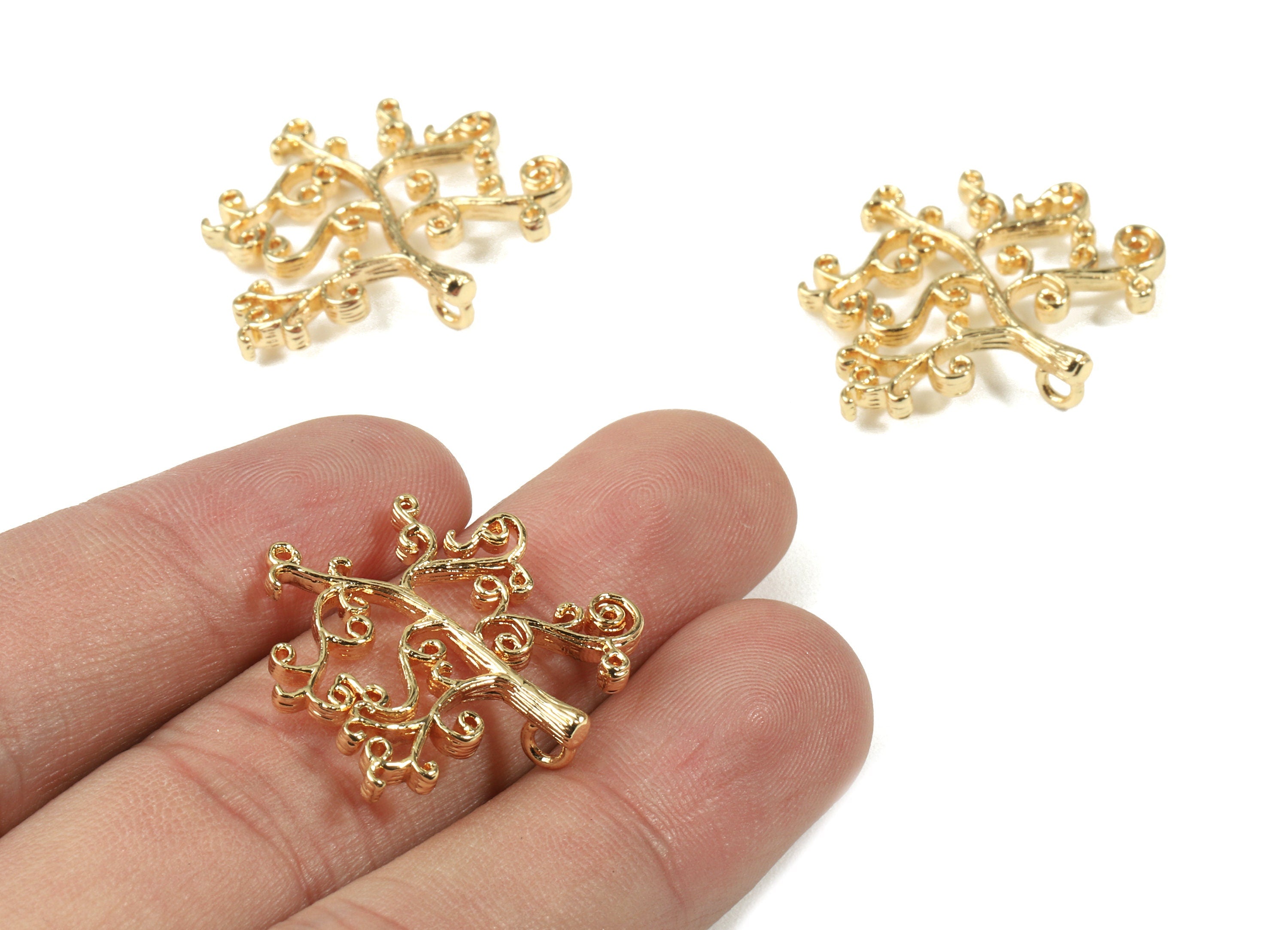 Brass Tree Connector - Brass Tree Pendant and Flower Charms With Loop - 18K Real Gold Plated Brass - 30.14x26.22x2.44mm - RGP2479 - DOMEDBAZAAR