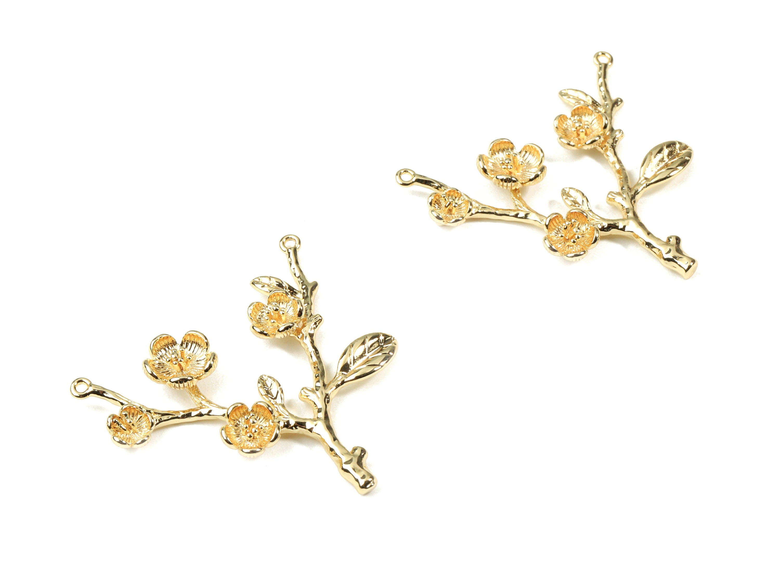 Brass Cherry Blossom Connector - Cherry Blossom Tree Pendant and Flower charms - 18K Real Gold Plated Brass - 39.8x35.76x4.85mm - RGP2489 - DOMEDBAZAAR