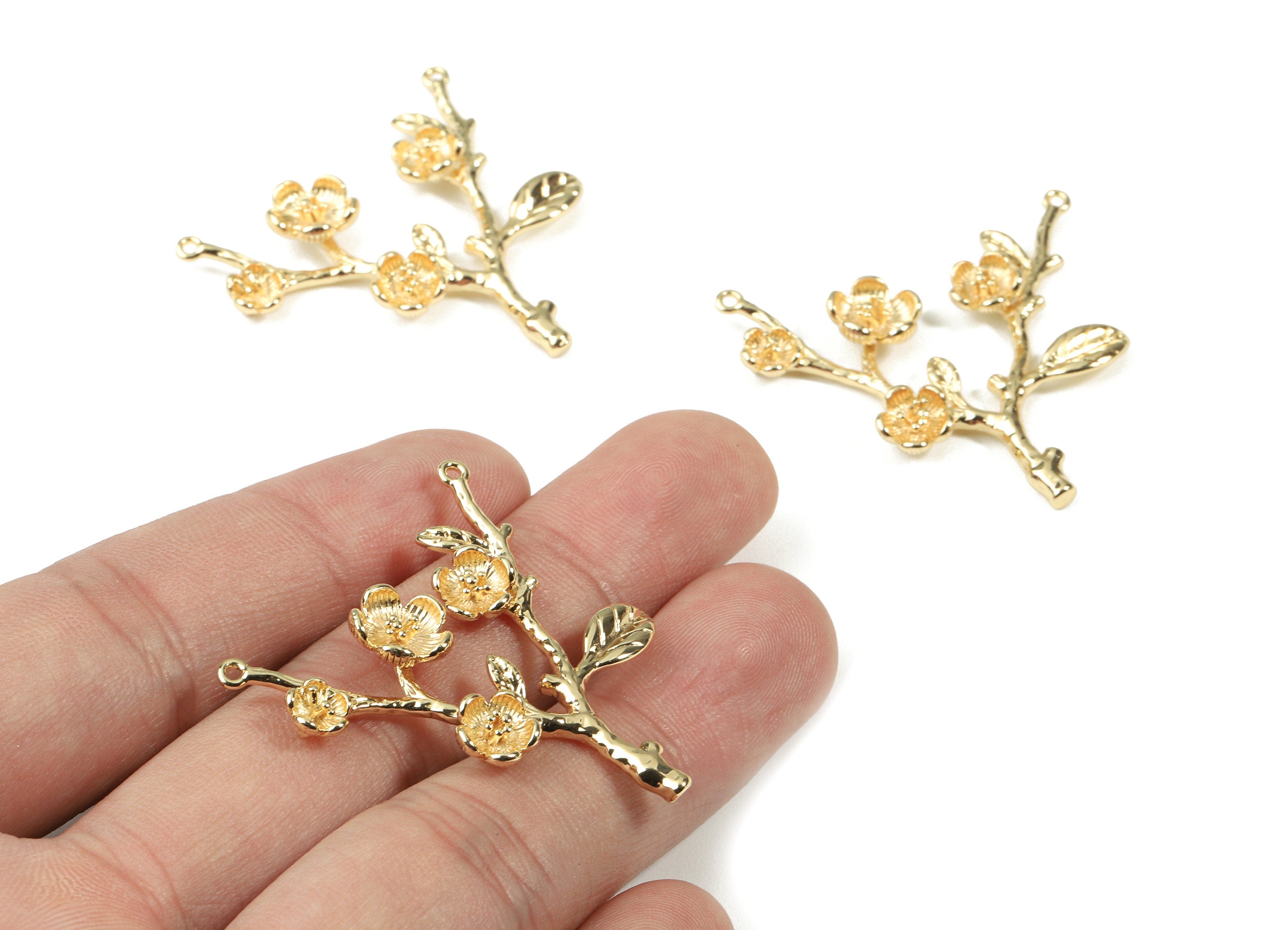 Brass Cherry Blossom Connector - Cherry Blossom Tree Pendant and Flower charms - 18K Real Gold Plated Brass - 39.8x35.76x4.85mm - RGP2489 - DOMEDBAZAAR