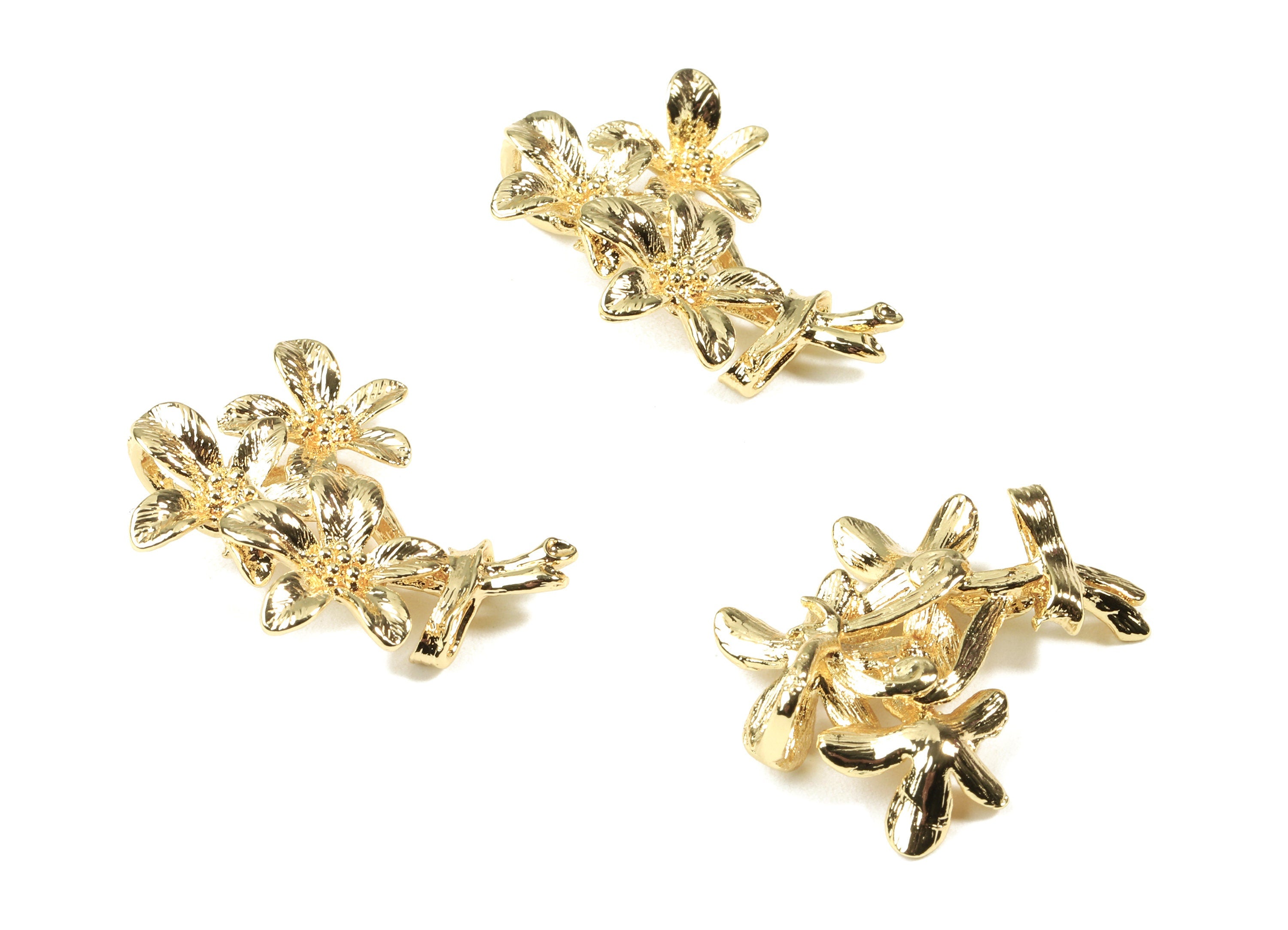 Brass Branch Earring Charms - Gold Cherry Blossom Necklace Pendant - 18K Real Gold Plated Brass - 29.84x22.56x7.74mm - RGP2471 - DOMEDBAZAAR