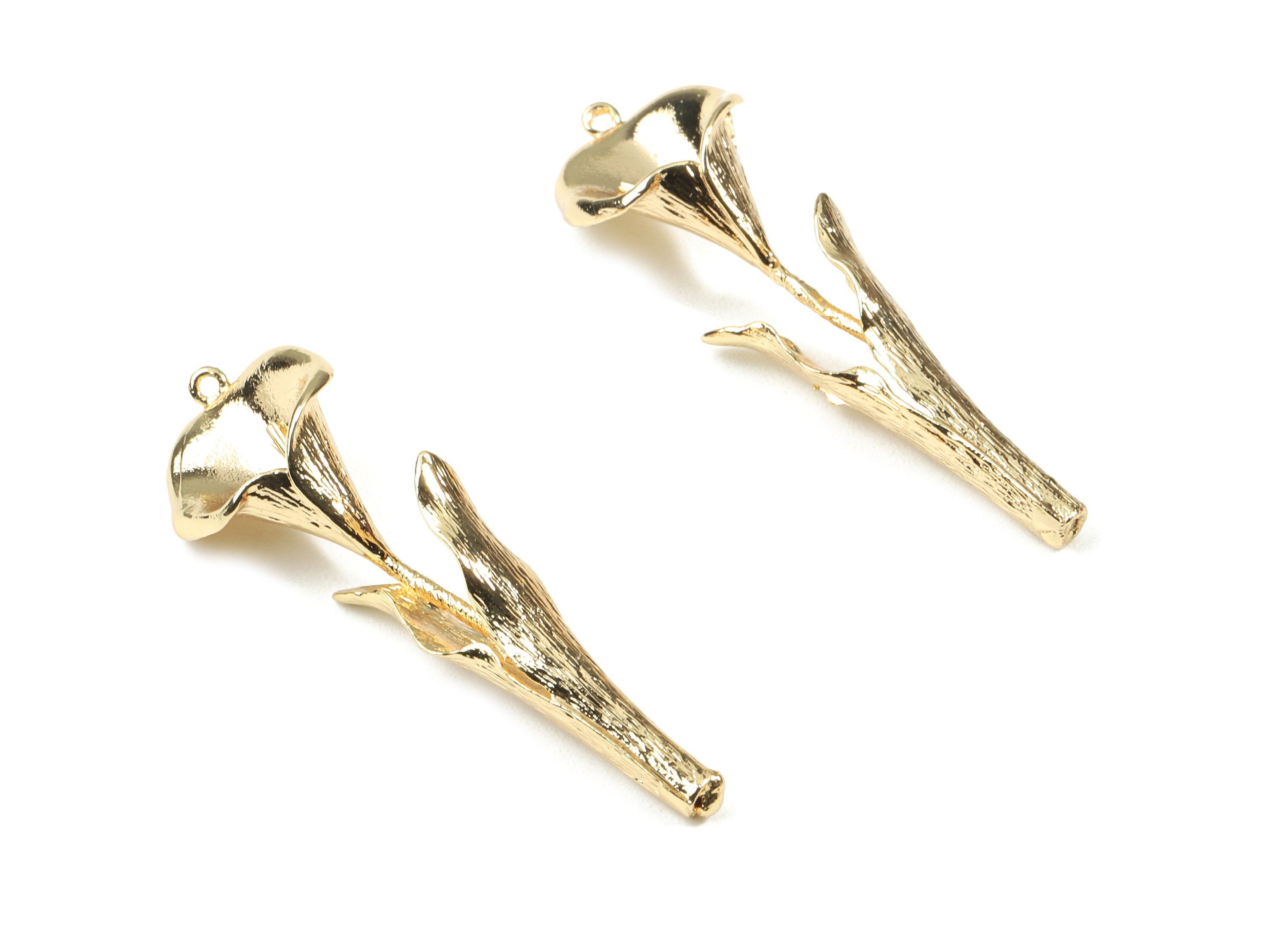 Brass Calla Lily Earring Charms - Gold Calla Lily Necklace With Loop - 18K Real Gold Plated Brass - 50.32x15.65x5.26mm - RGP2474 - DOMEDBAZAAR