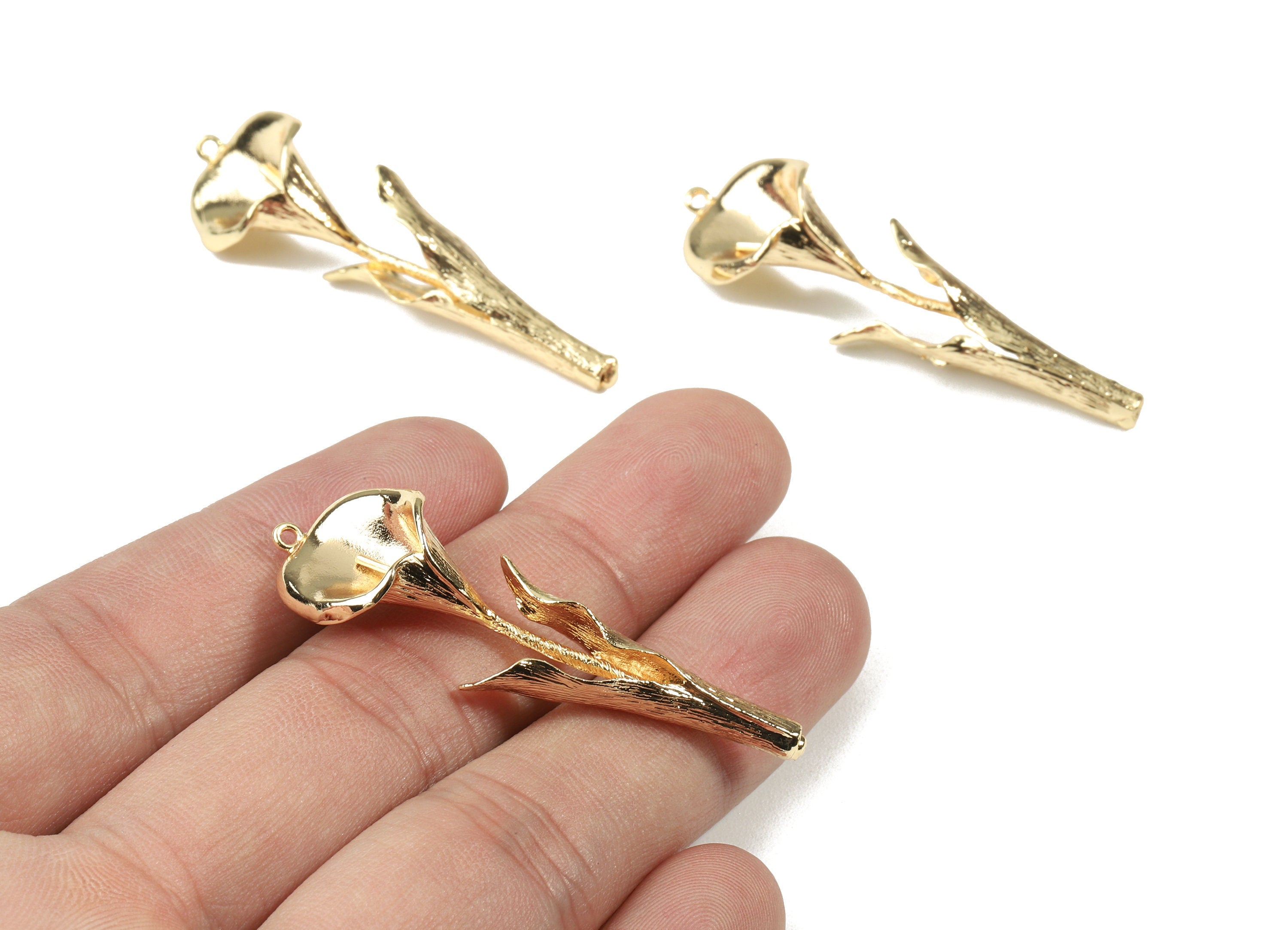 Brass Calla Lily Earring Charms - Gold Calla Lily Necklace With Loop - 18K Real Gold Plated Brass - 50.32x15.65x5.26mm - RGP2474 - DOMEDBAZAAR