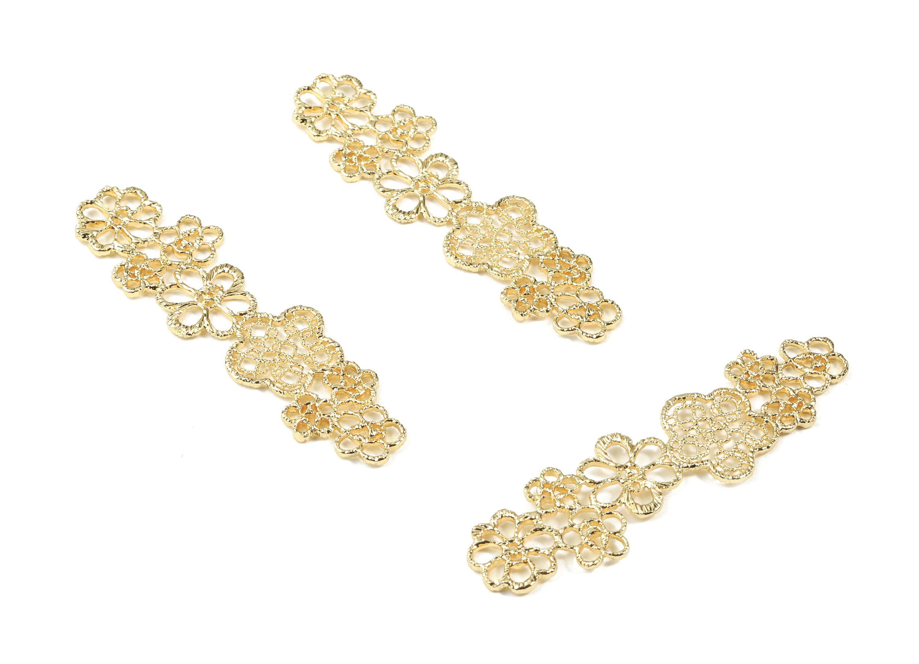 Brass Long Flowers Hair Clip Charms - Gold Flowers Connectors  - 18K Real Gold Plated Brass - Jewelry Supplies - 61.34x17.77x1.6mm - RGP2478 - DOMEDBAZAAR