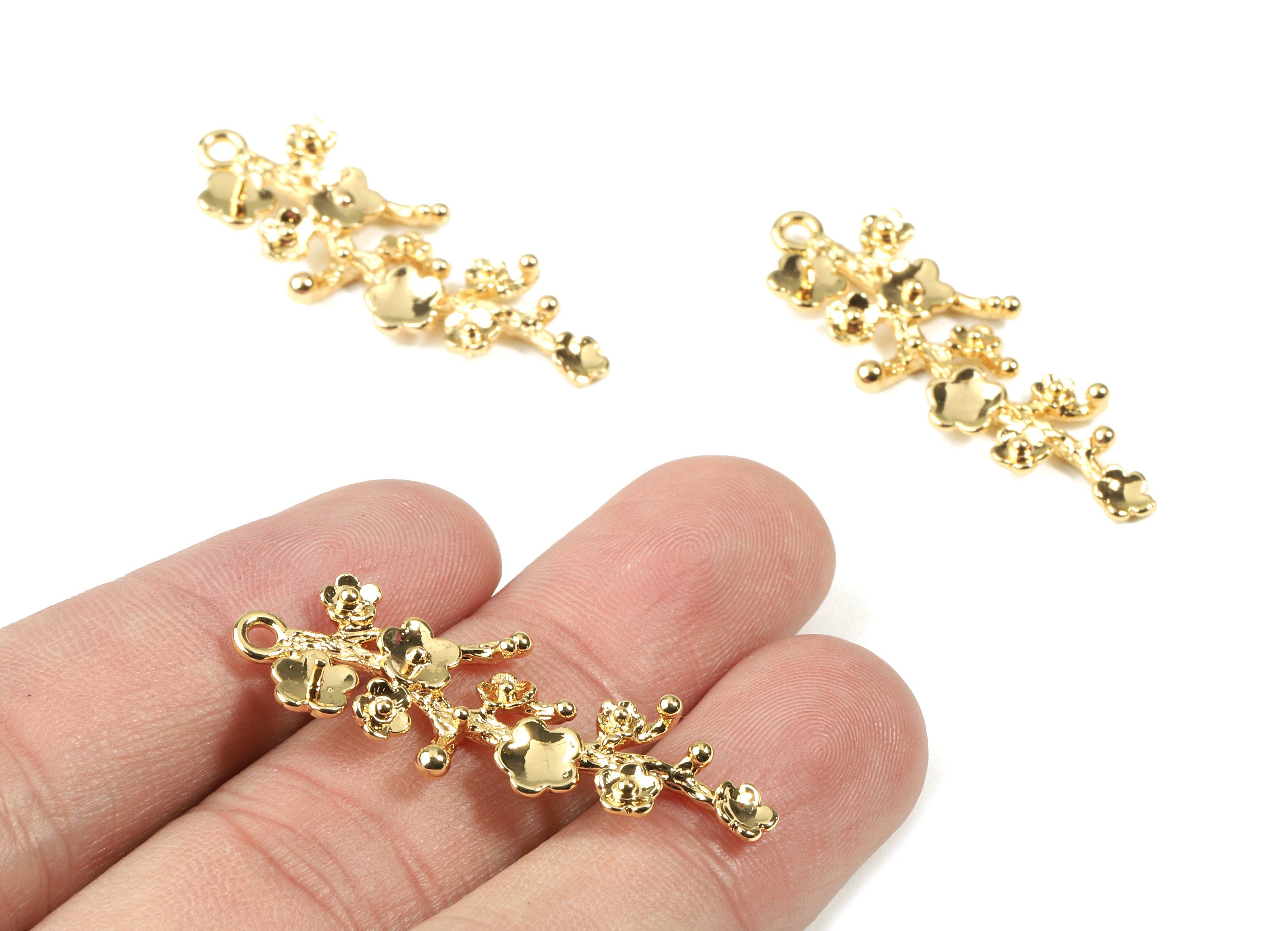 Brass Flower Earring Charms - Gold Flower Tree Pendant - 18K Real Gold Plated Brass - Jewelry Supplies - 38.98x15.25x3.85mm - RGP2482 - DOMEDBAZAAR