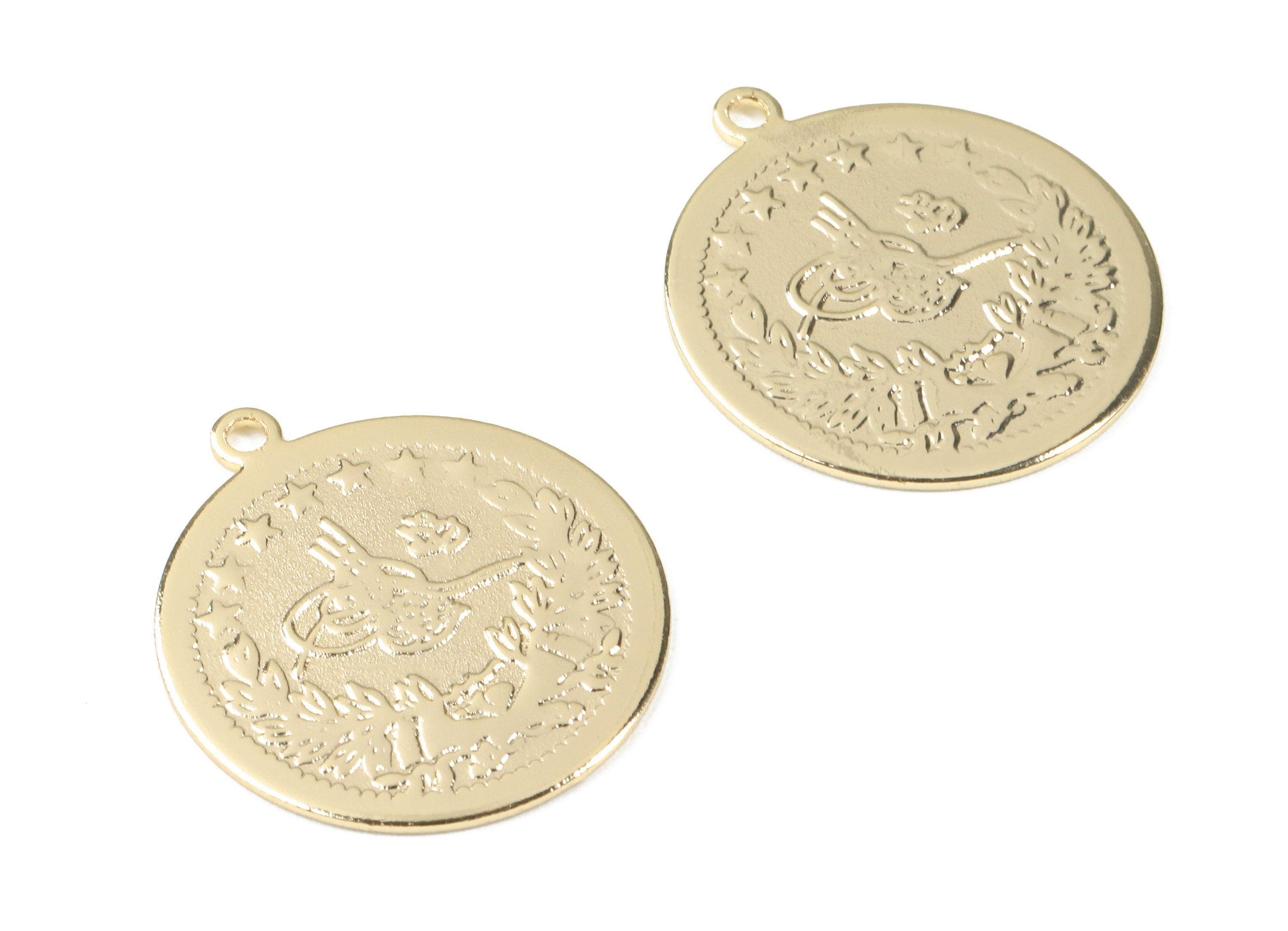 Brass Ottoman Tughra Earring Charms - Sultans Signature Round Necklace Pendant - 18K Real Gold Plated Brass - 28.63x25.41x1.18mm - RGP2491 - DOMEDBAZAAR