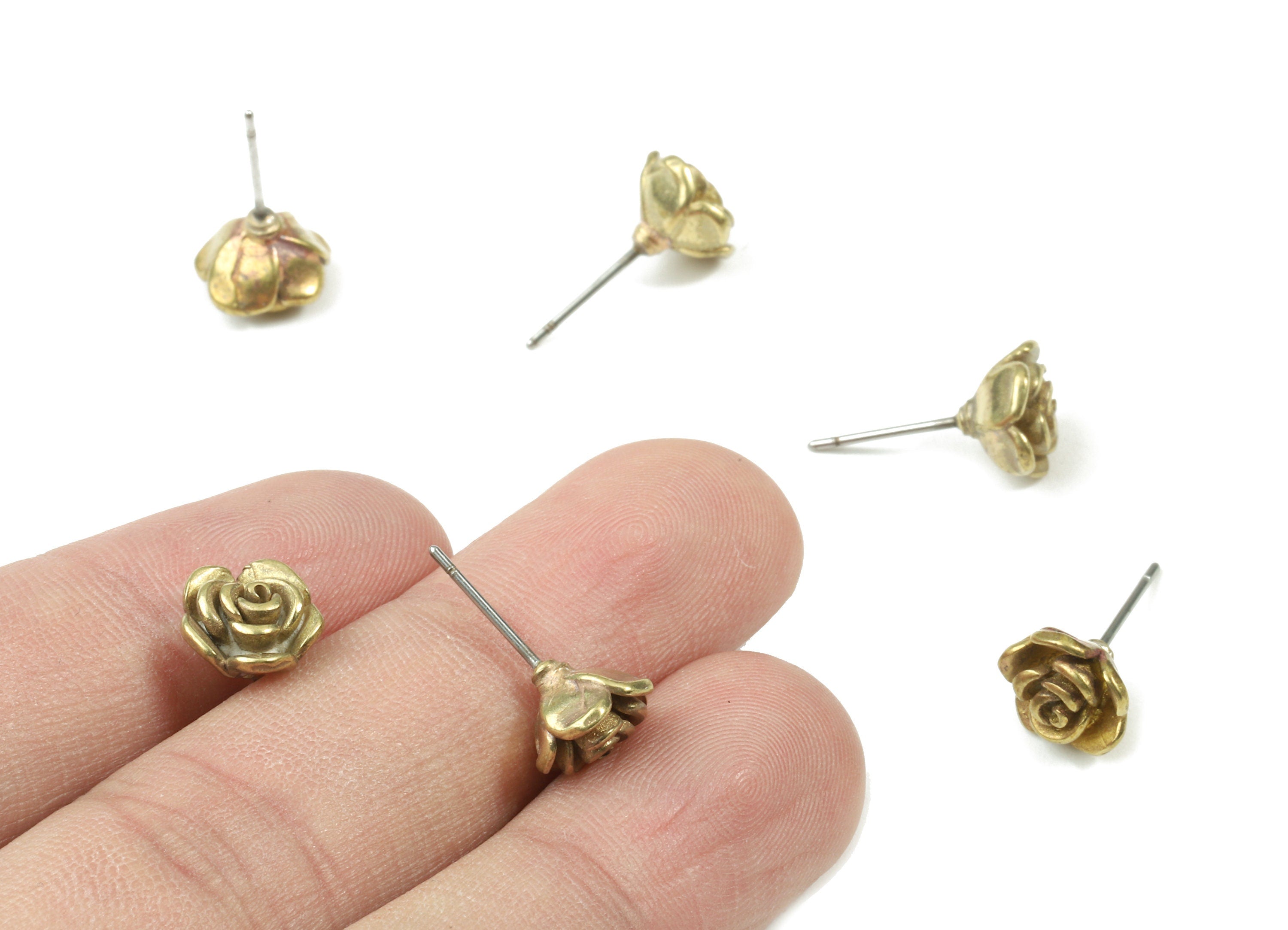 Brass Rose Earring Stud - Raw Brass Rose Earring Post - Steel Stud - Earring Post - Jewelry Supplies - 9.45x9.45x1.13mm - PP3077 - DOMEDBAZAAR