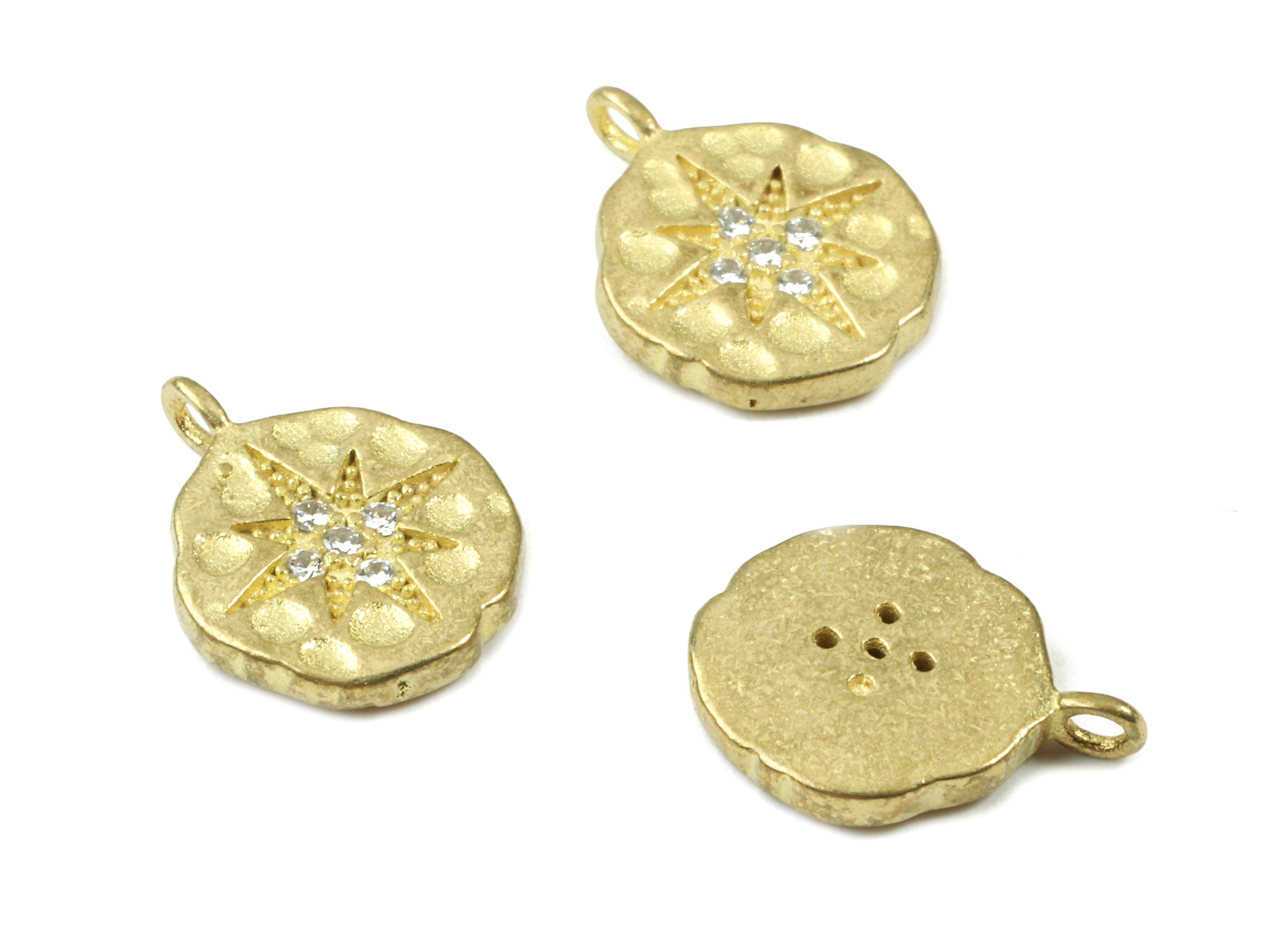 Brass Gold Round Earring Charm With Zincon - Raw Brass Hammered Round Star Pendant - Jewelry Supplies - 13.84x10.6x1.87mm - PP3090 - DOMEDBAZAAR