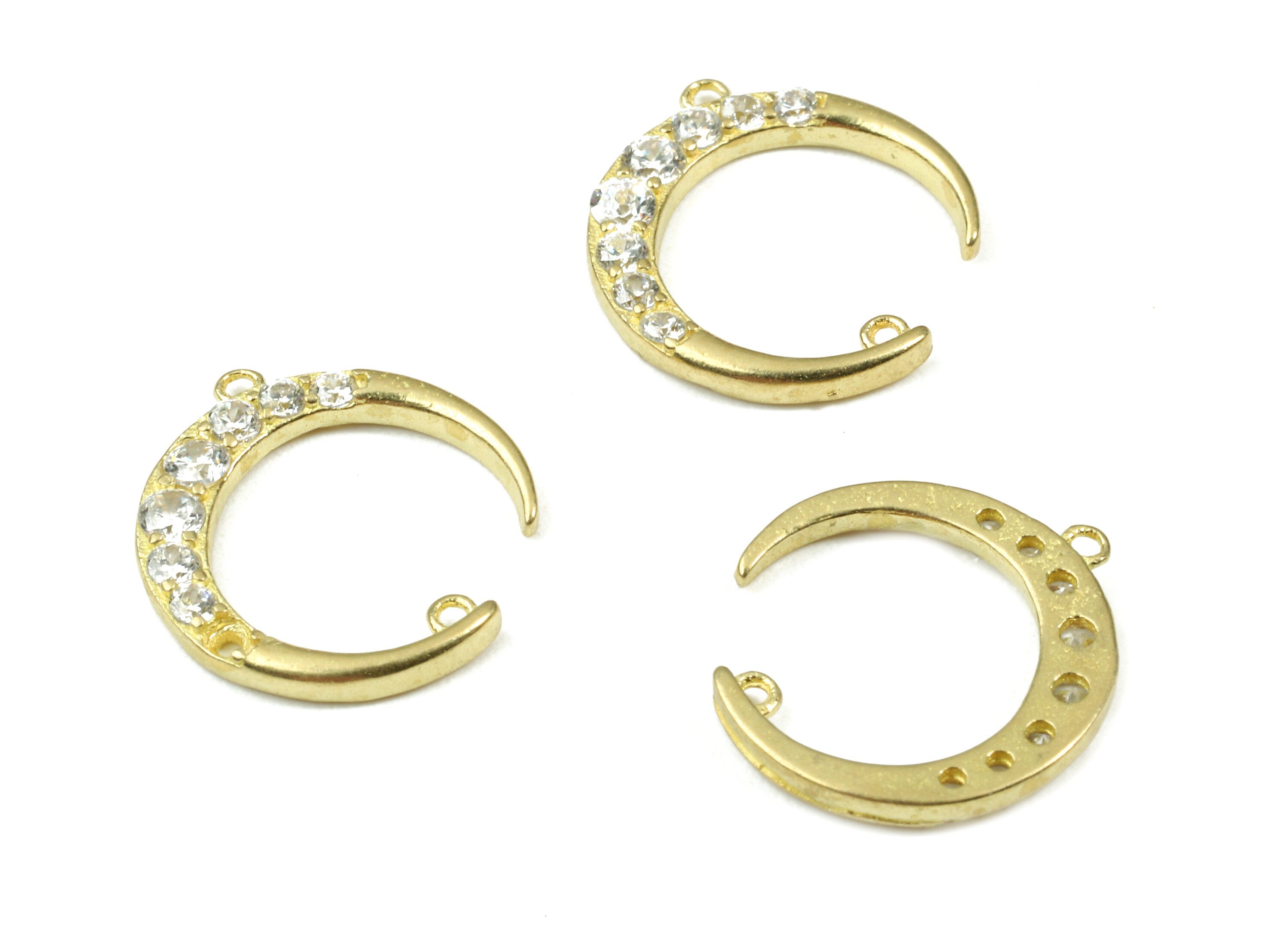 Brass Crescent Earring Connector With Zircon - Gold Moon Connector - 2 Holes - Earring Findings - Jewelry Supplies - 15.3x4.2x1.9mm - PP3078 - DOMEDBAZAAR