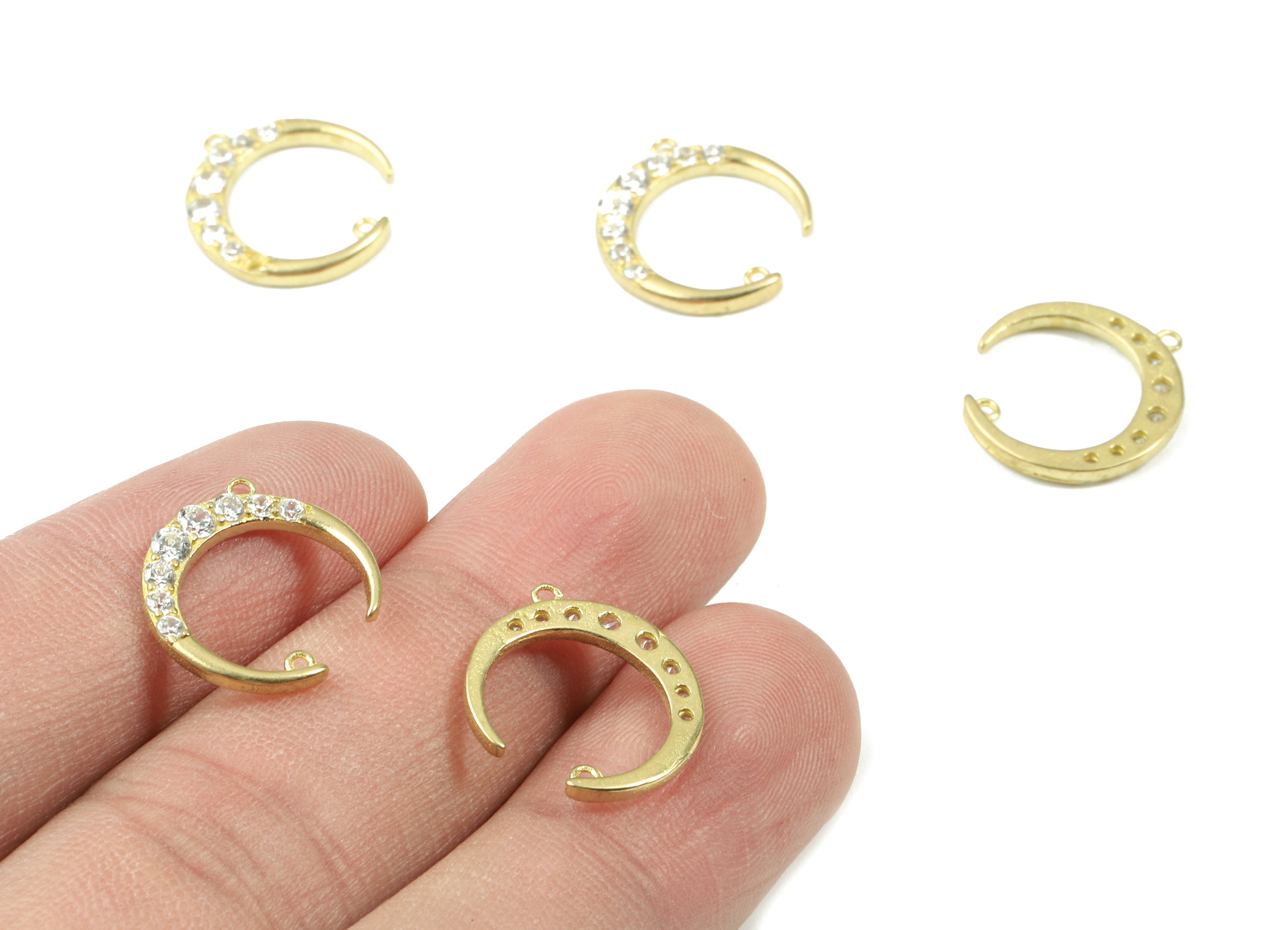 Brass Crescent Earring Connector With Zircon - Gold Moon Connector - 2 Holes - Earring Findings - Jewelry Supplies - 15.3x4.2x1.9mm - PP3078 - DOMEDBAZAAR