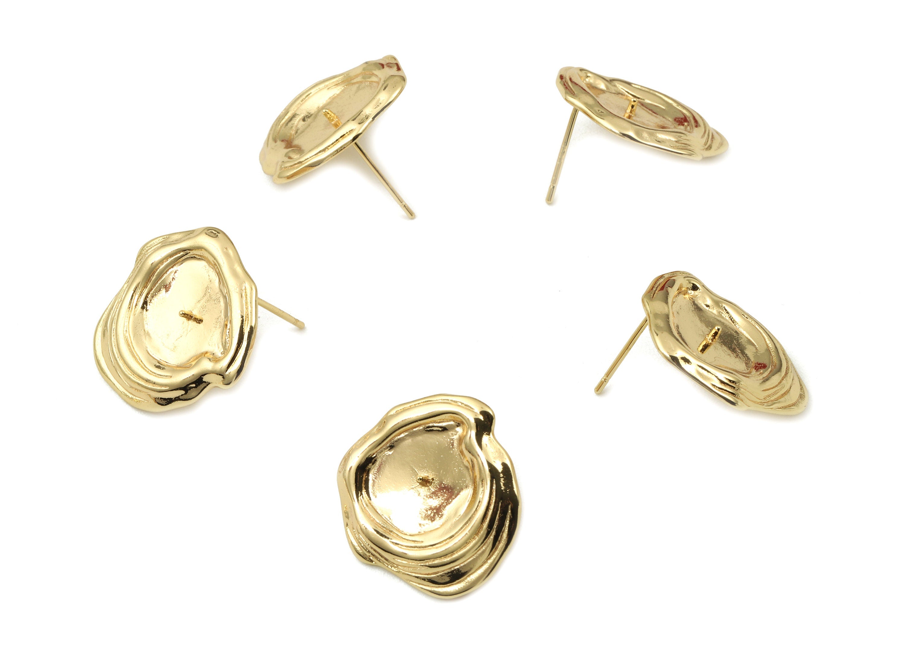 Brass D Earring Stud - Gold D Earring Post For Pearl - 18K Real Gold Plated Brass - Surgical Stud - 20.85x19.55x1.88mm - RGP2562 - DOMEDBAZAAR