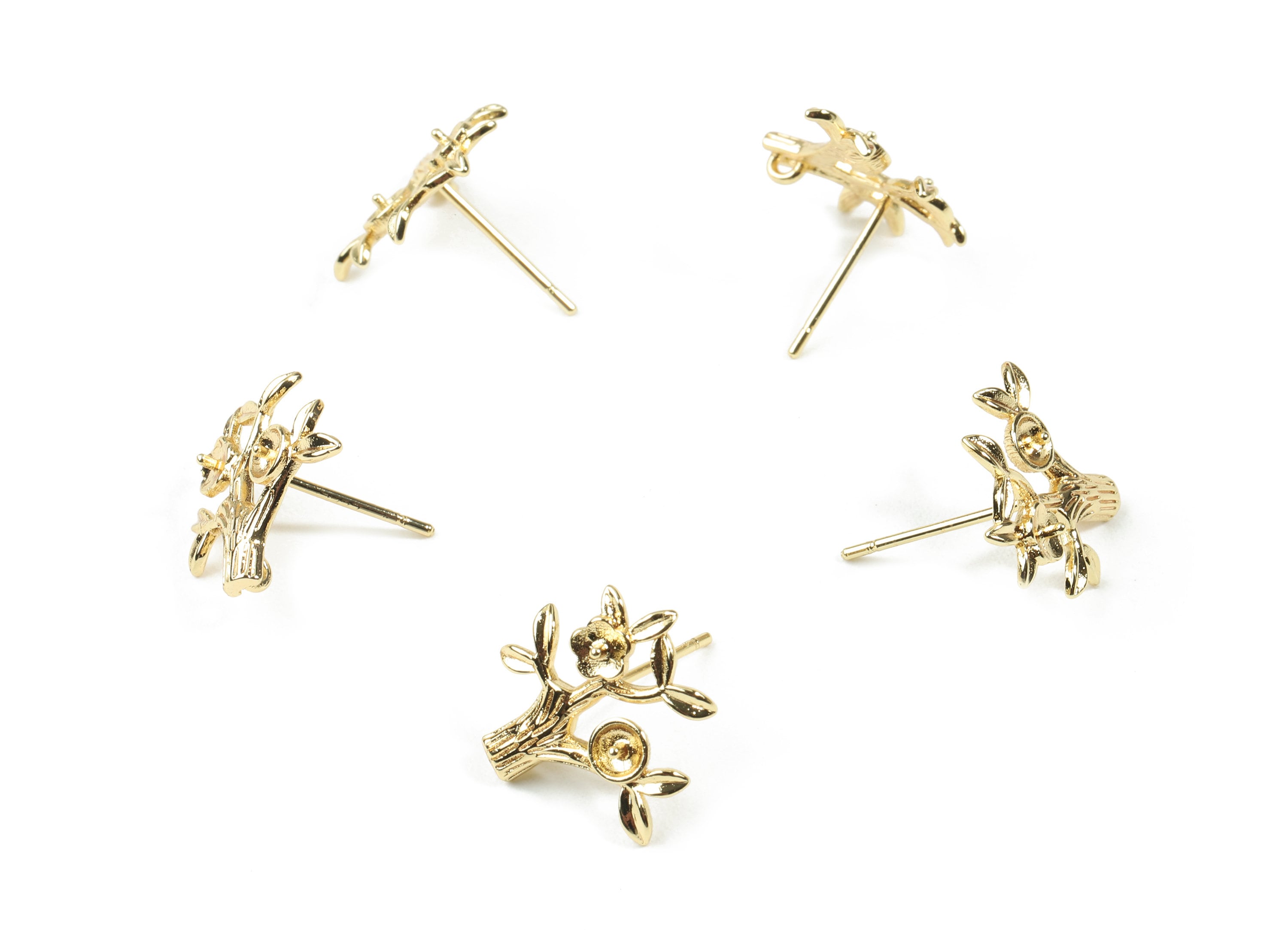 Brass Tree Earring Stud For Pearl - Gold Flower Tree Earring Post - 18K Real Gold Plated Brass - Surgical Stud - 14.58x13.9x2.4mm - RGP2550 - DOMEDBAZAAR