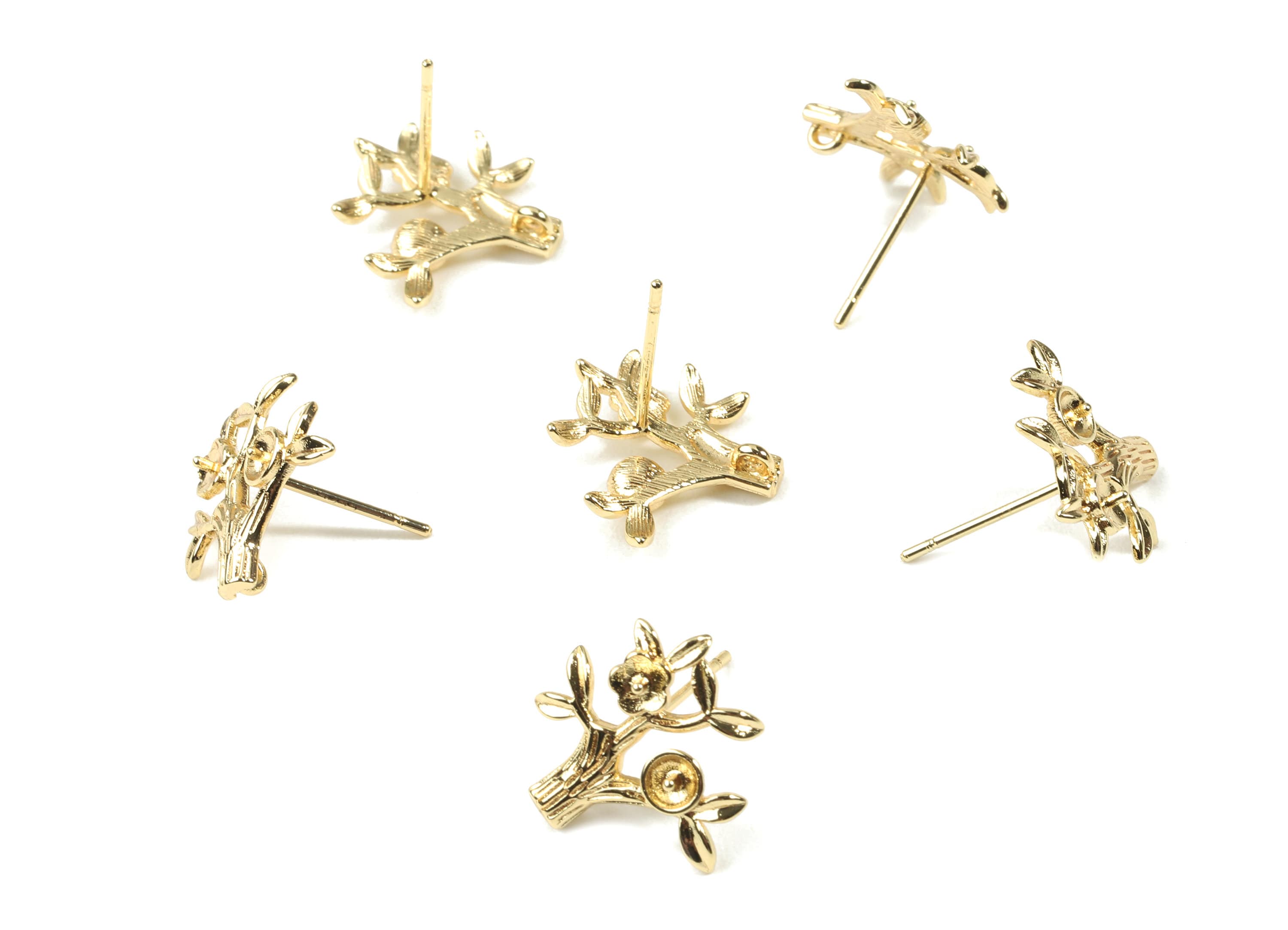 Brass Tree Earring Stud For Pearl - Gold Flower Tree Earring Post - 18K Real Gold Plated Brass - Surgical Stud - 14.58x13.9x2.4mm - RGP2550 - DOMEDBAZAAR