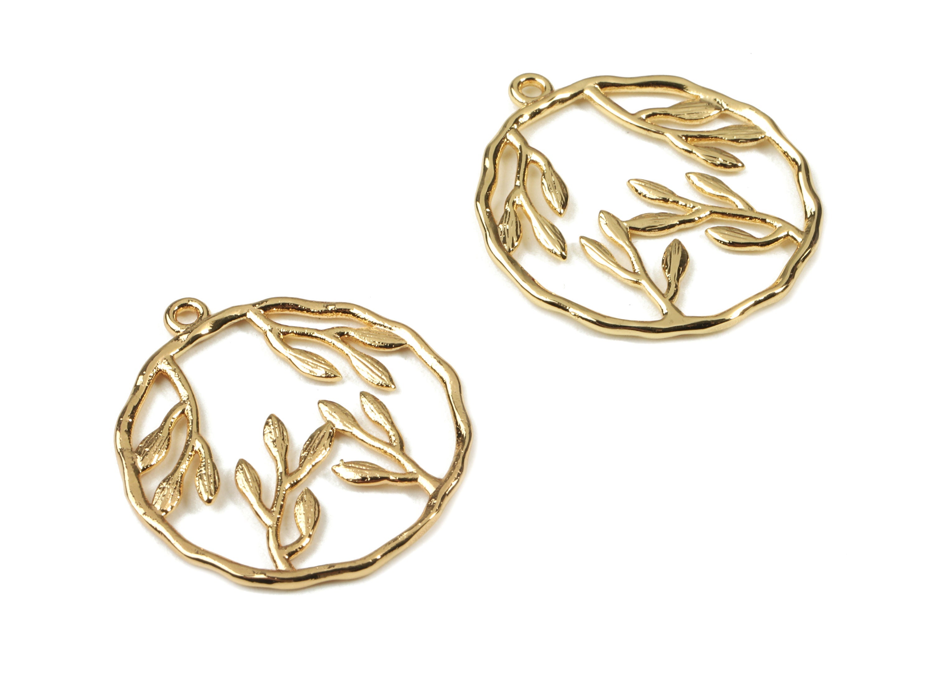 Brass Leaf Round Earring Charms - Gold Leaf Pendant - 18K Real Gold Plated Brass - Jewelry Supplies - 27.42x24.51x1.45mm - RGP2553 - DOMEDBAZAAR