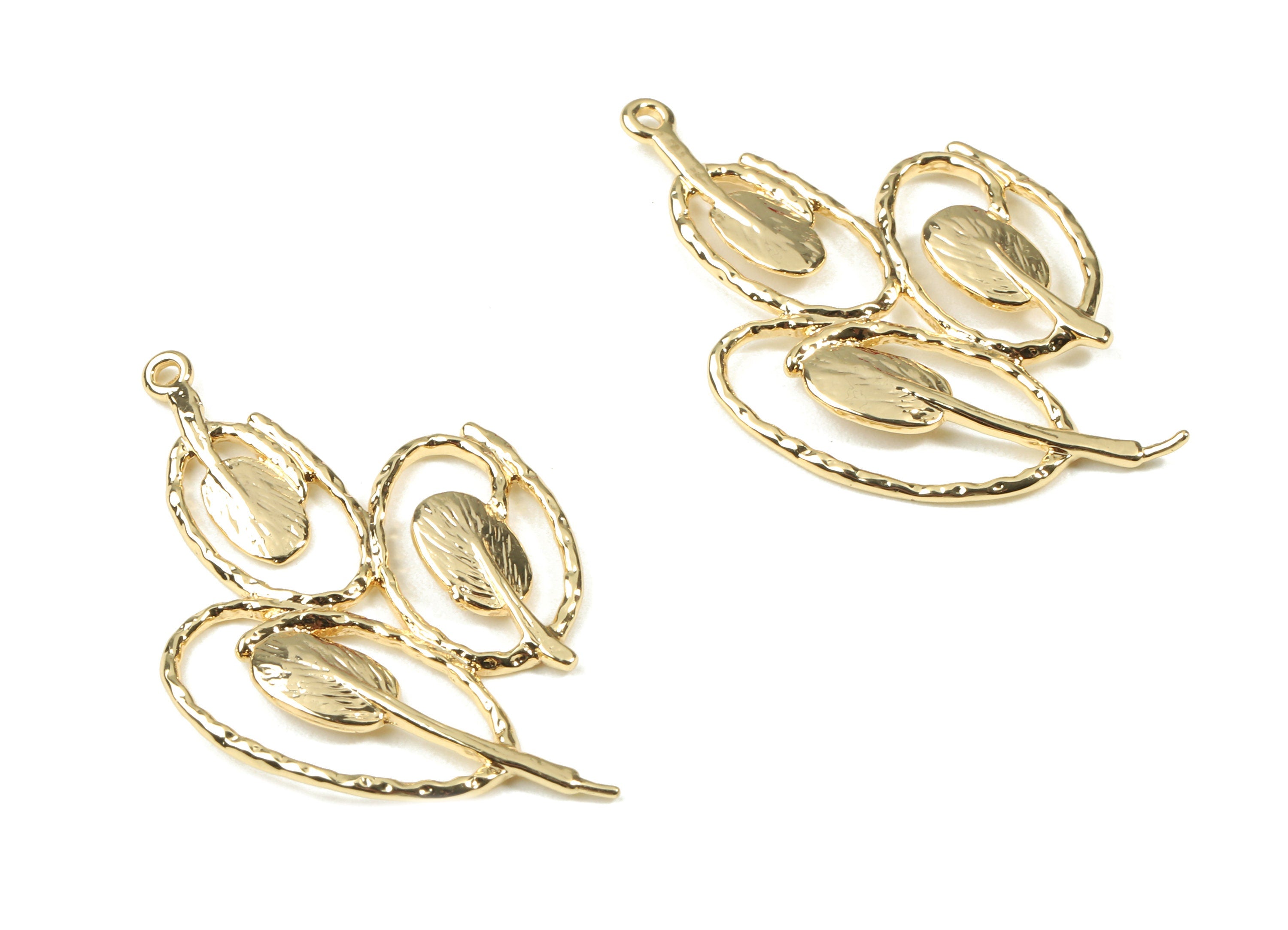 Brass Oval Leaf Earring Charms - Gold Leaf Pendant - 18K Real Gold Plated Brass - Jewelry Supplies - 39.14x25.48x1.86mm - RGP2534 - DOMEDBAZAAR